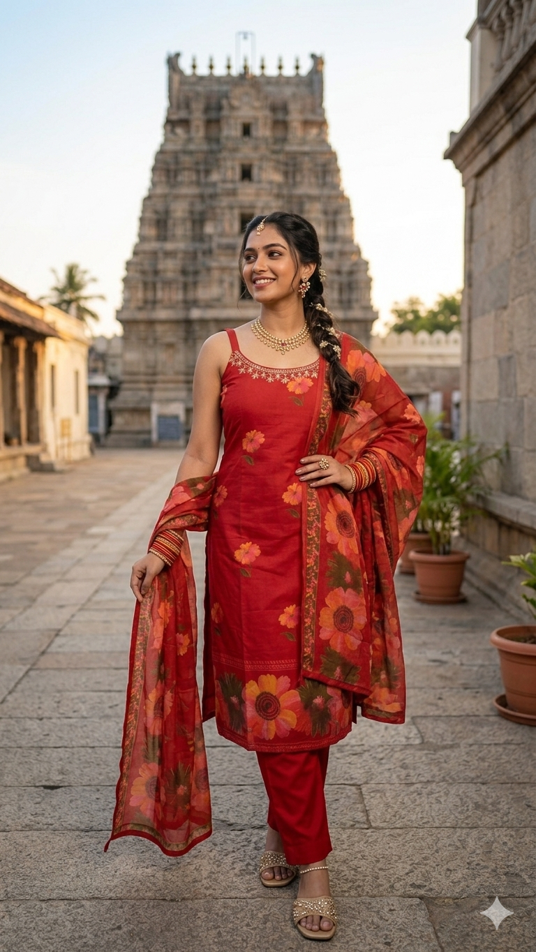 Red strap kurta set with embroidery 