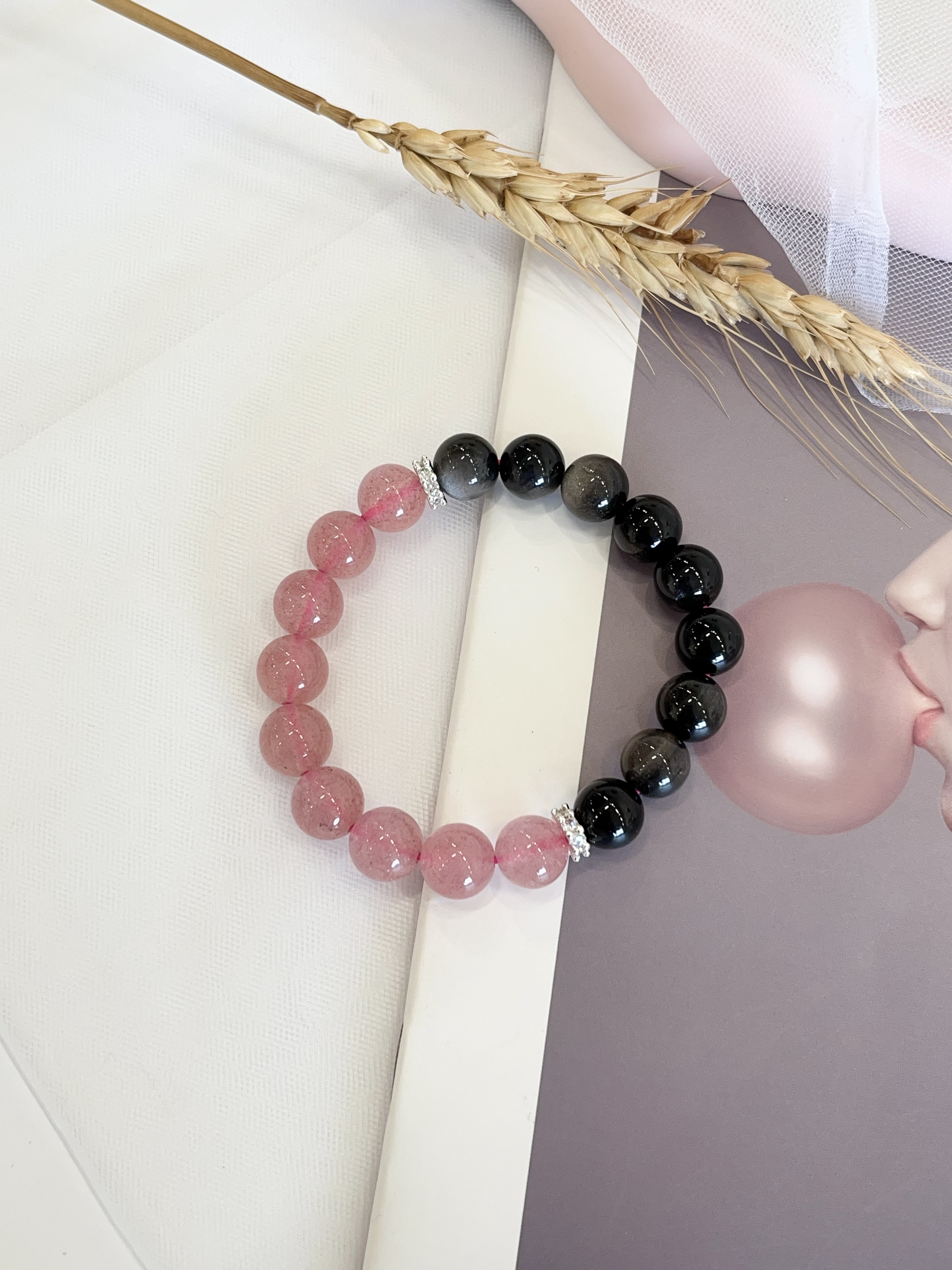 🍓 草莓晶 × 银曜石手串 Strawberry Quartz & Silver Obsidian