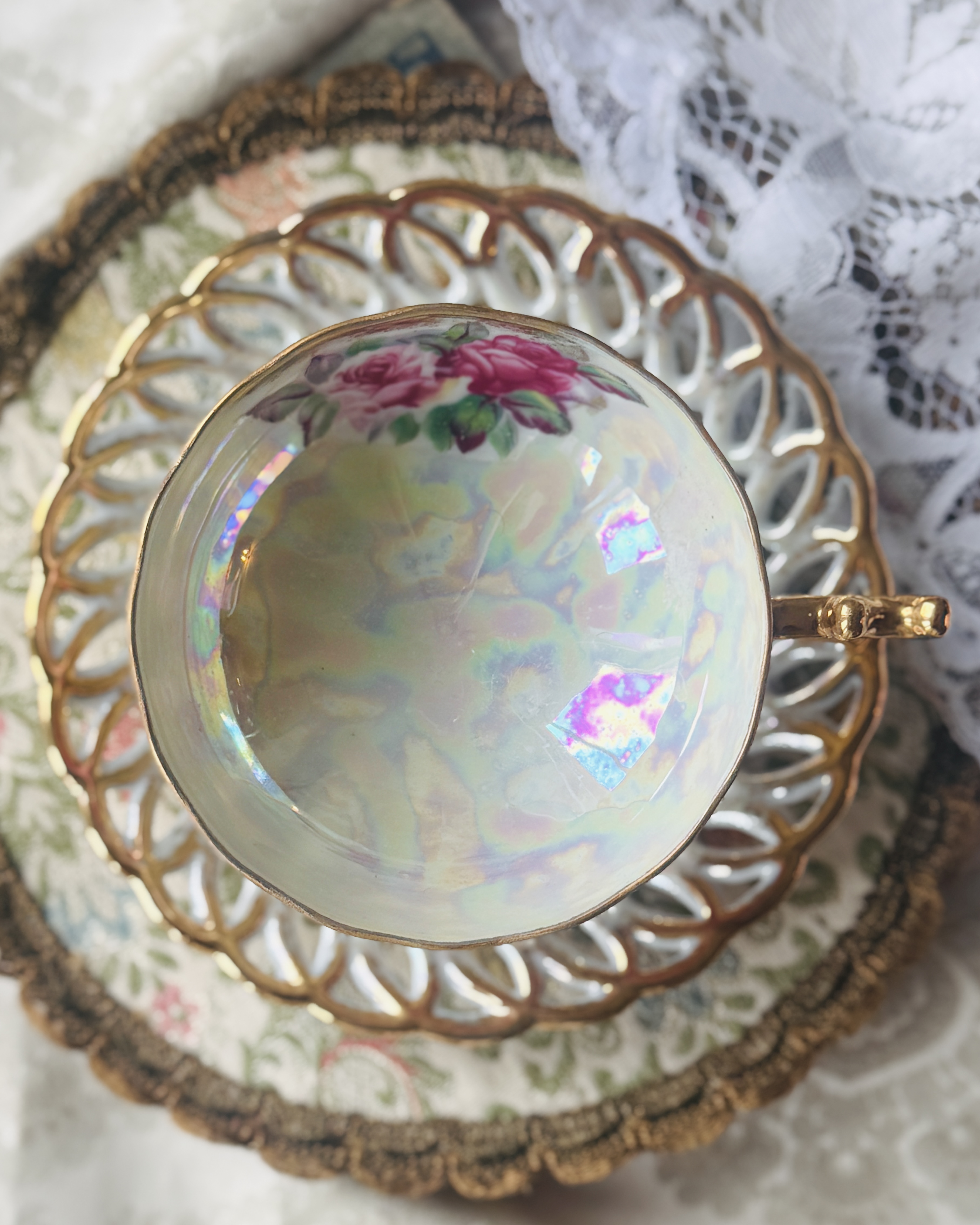Vintage Mid-Century Castle Japan Floral Iridescent Tea Set Duo (MT2398)