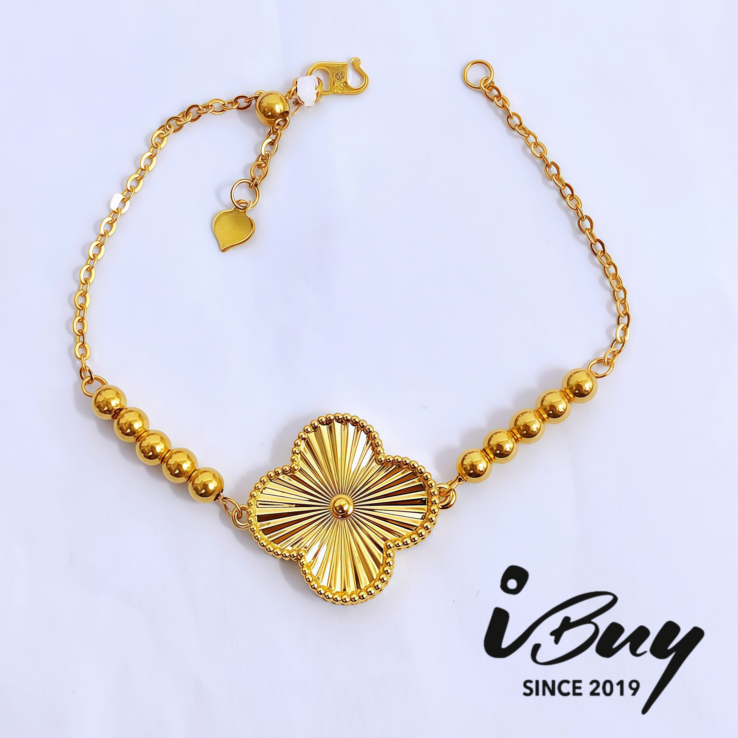 916 HARD GOLD 20MM LASER VCA+PLAIN BALL POLO BRACELET 17CM 916 硬金 20MM镭射四叶草光珠波罗手链 17CM