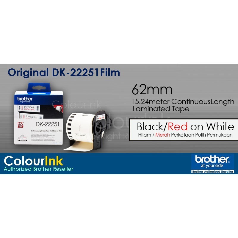 Brother Original Label Film Tape 62mm DK22251 Black & Red on White for QL800 QL820NWB
