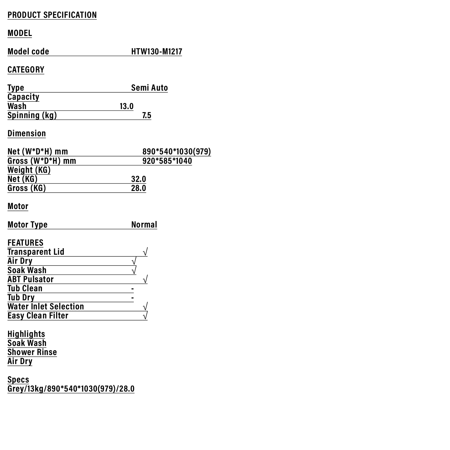 Haier 13kg Twin Tub Semi-Auto Washing Machine (HTW130-M1217)