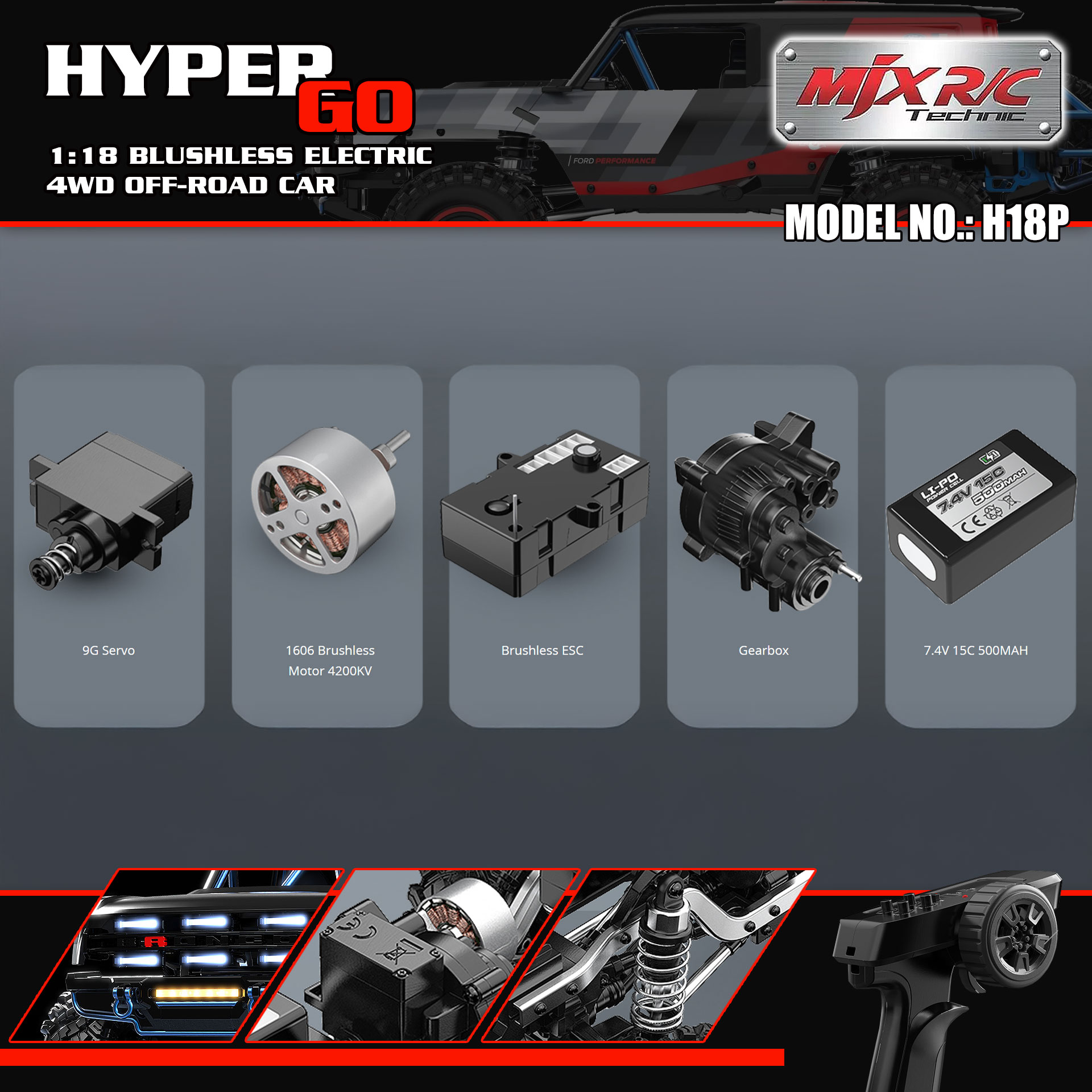 全新 美嘉欣 MJX R/C 1:18 H18P BAJA1000 Ford Bronco R 無刷攀爬車 | 福特授權車殼 | 無刷攀爬車 | 1606 4200KV 無刷馬達 |  DIG 坦克掉頭 | 精美硬殼