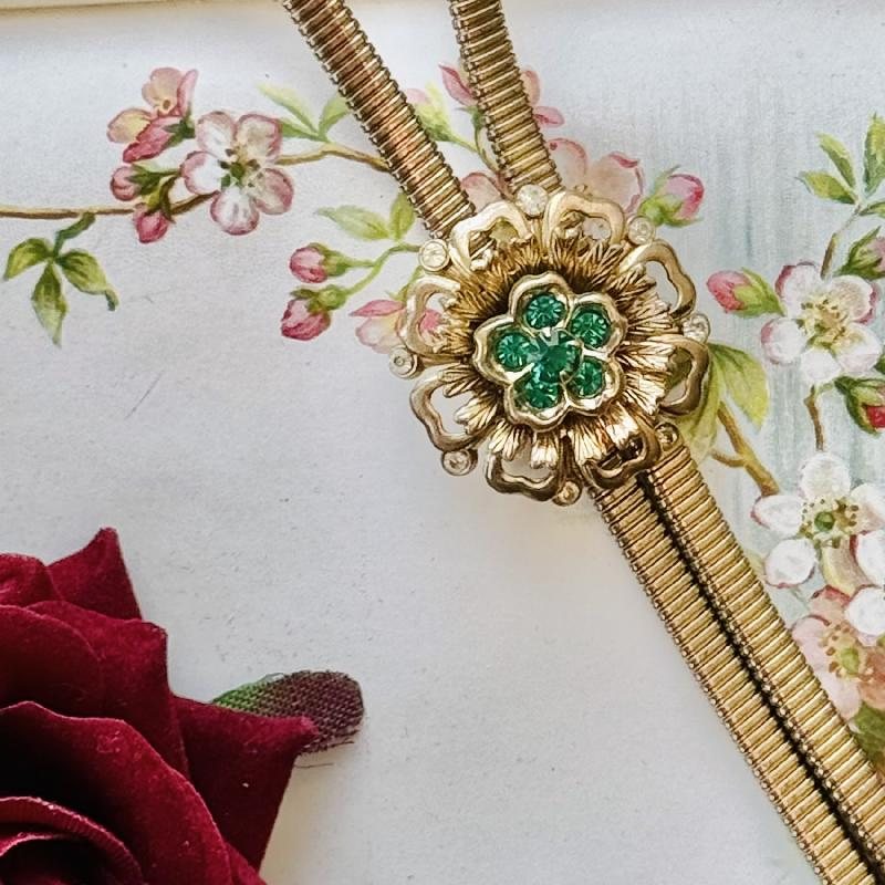 Rare! C.a. 1950s Vintage CORO Pegasus Emerald Rhinestone Snake Chain Tassel Necklace Choker - Adjustable Length MT2017