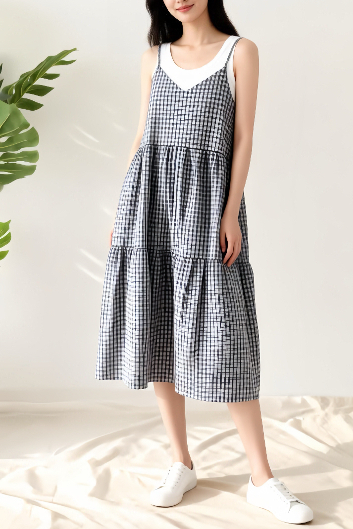  复古格子拼接宽松吊带裙+内搭