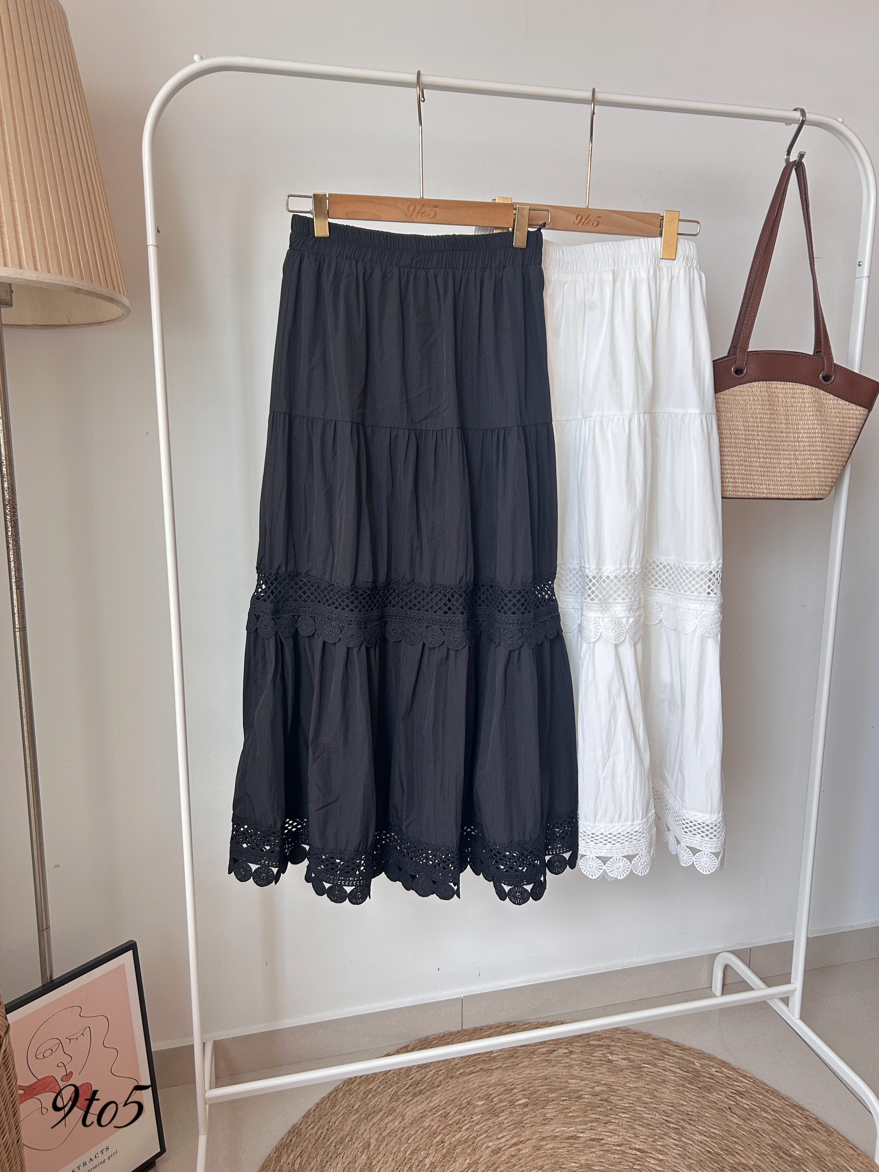 S1857 A Line Layered Long Skirt - Black & White