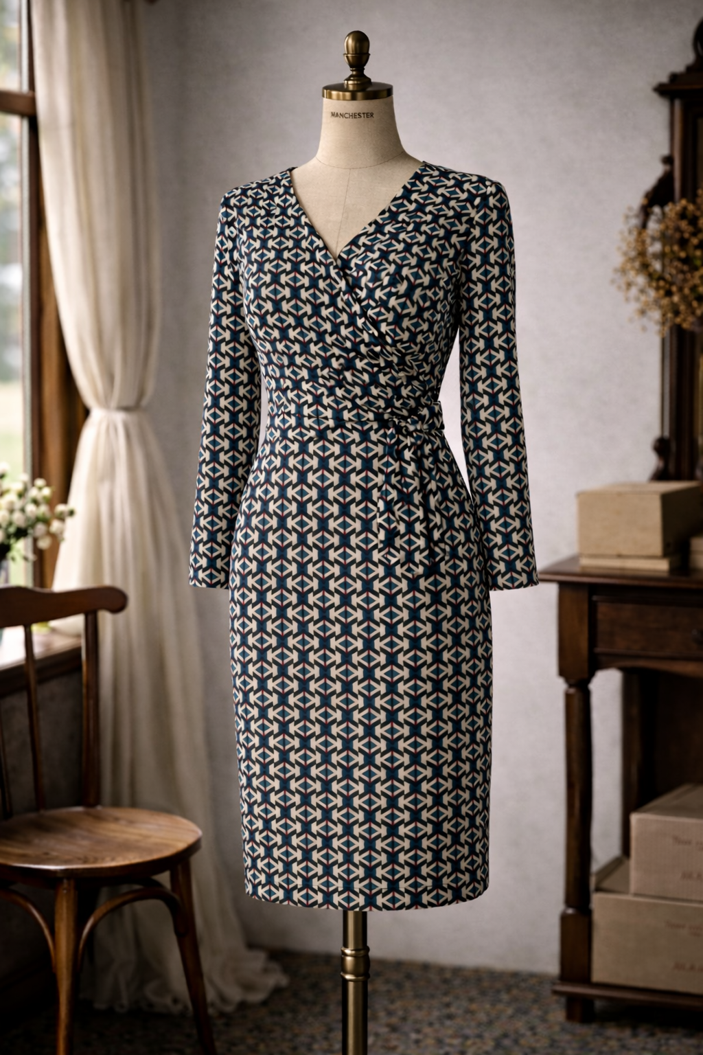 (Last M)1970s Style Miss Suzie Geometric Half-Wrap Jersey Dress(FM165)
