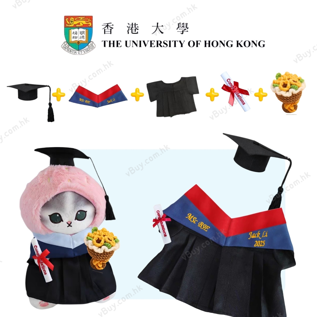 vBuy 訂製香港大學公仔畢業袍  HKU公仔畢業袍 港大公仔畢業袍可綉字綉名獨一無二 （不連公仔）