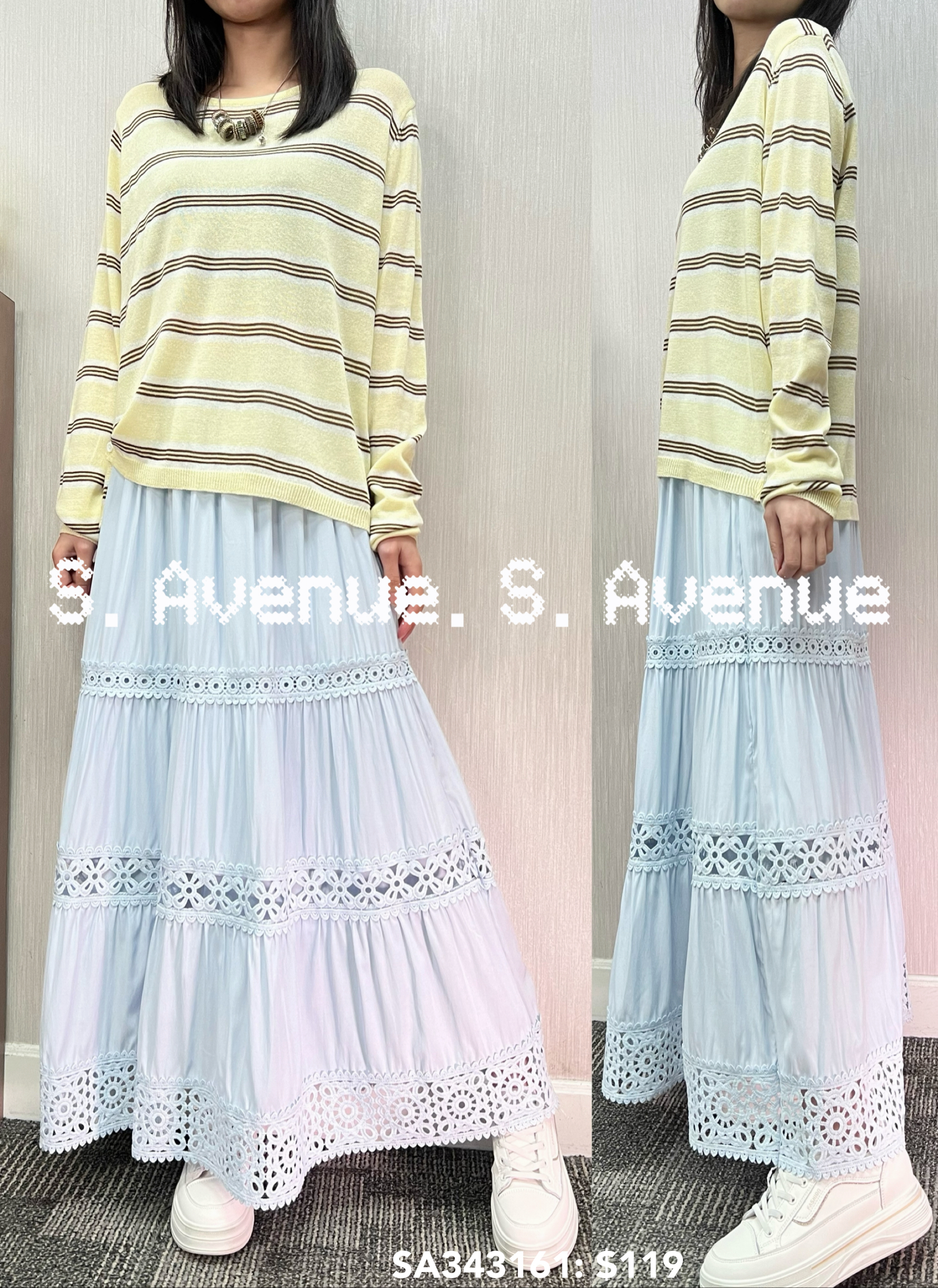 SA343161: 長袖間條下扣撍線top