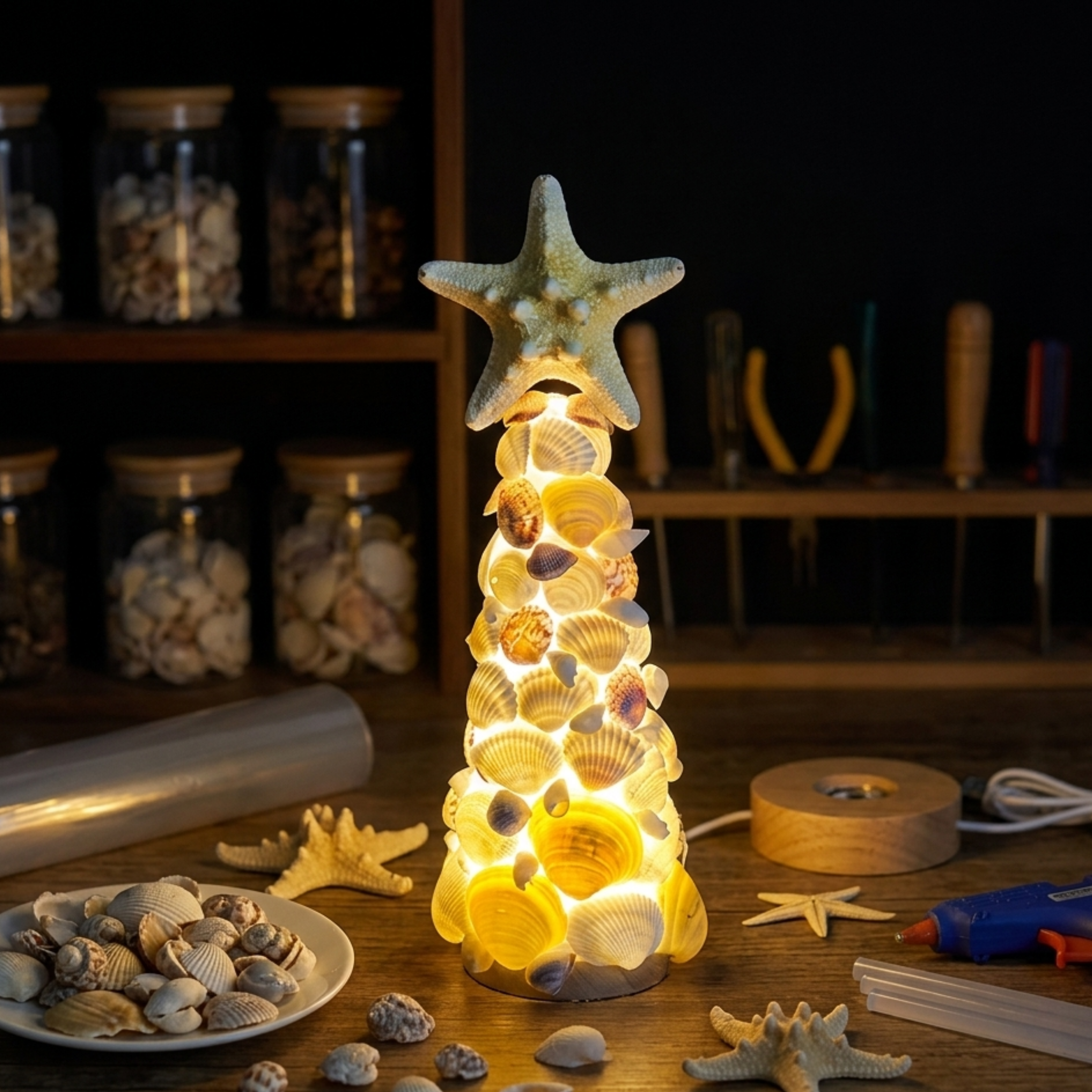 DIY貝殼樹燈材料包｜海洋風聖誕樹燈｜療癒系夜燈｜可提供外展教學 🎄🐚💡