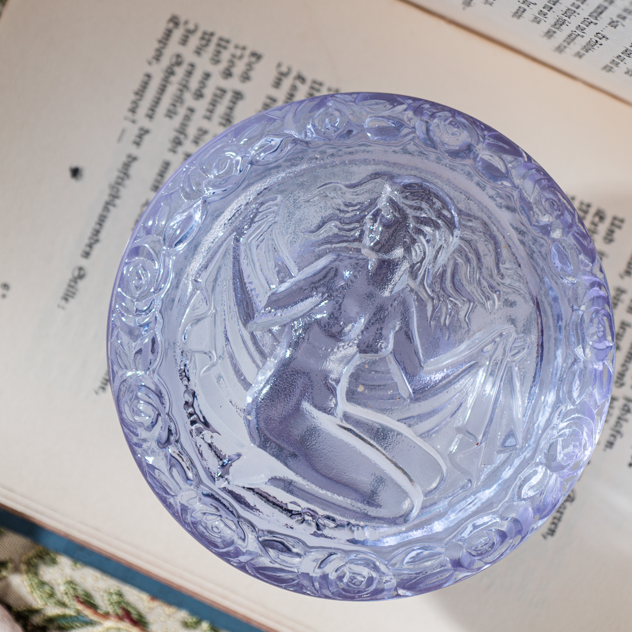 Rare! C.a. 1960s New Old Stock West German Goddess Sculpture with Rose Trim Purple Glass Trinket Box (MZ017)