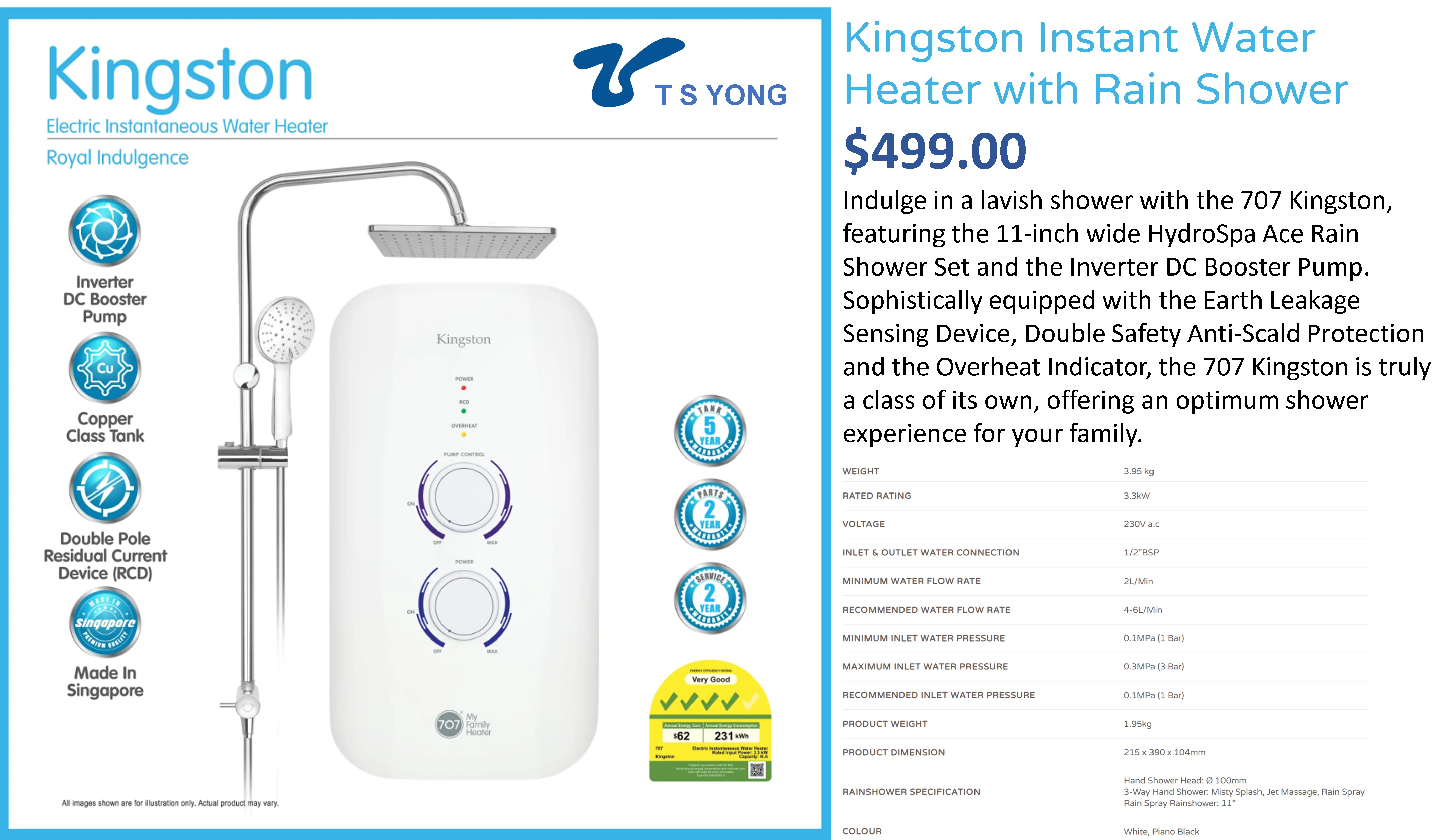 707 Kingston Instant Water Heater with Rain Shower