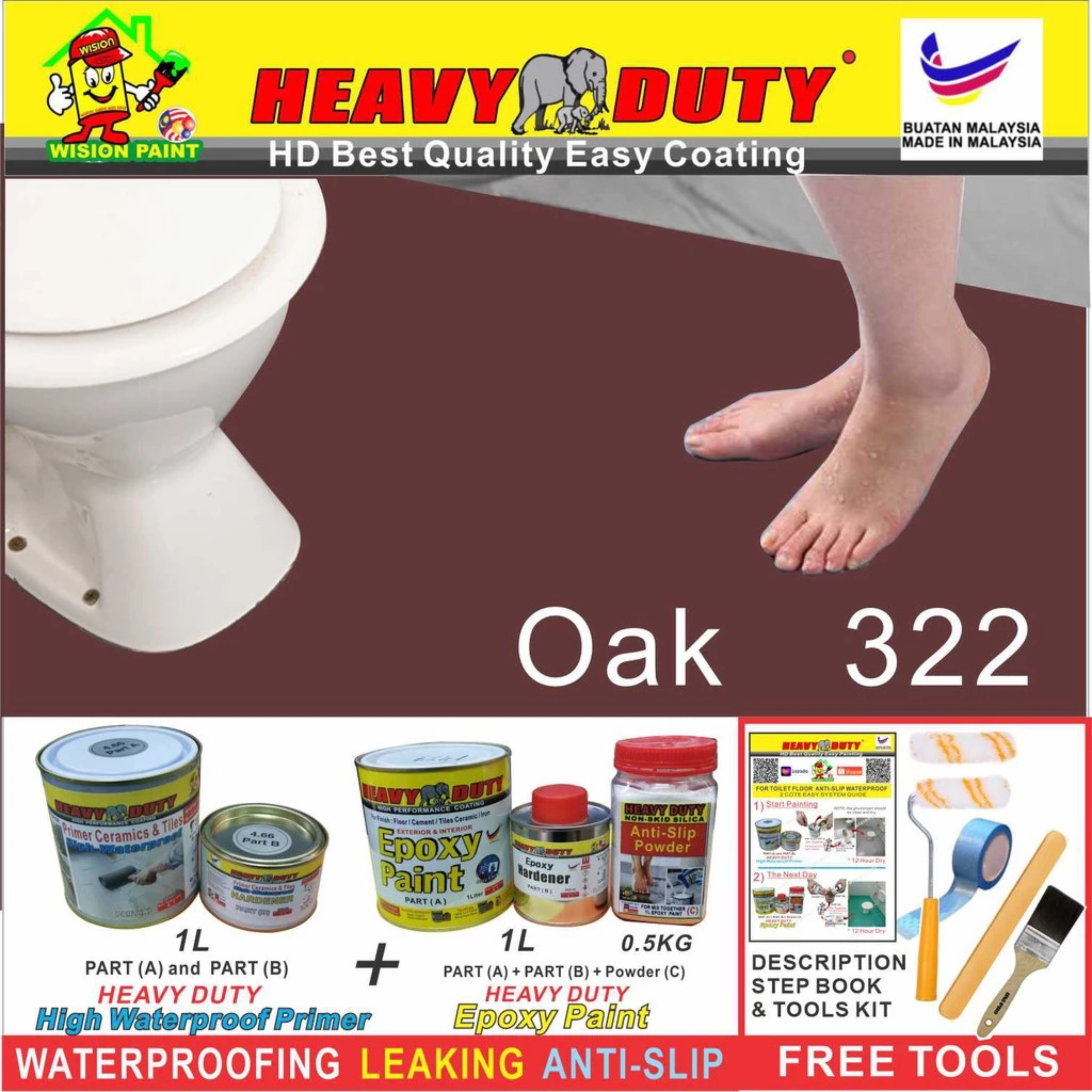 FULL SET (HEAVY DUTY BRAND) Floor Coating (Free Paint Tool Set) 1L Tile Primer + 1L Epoxy Colour + 0.5kg Non-skid Silic