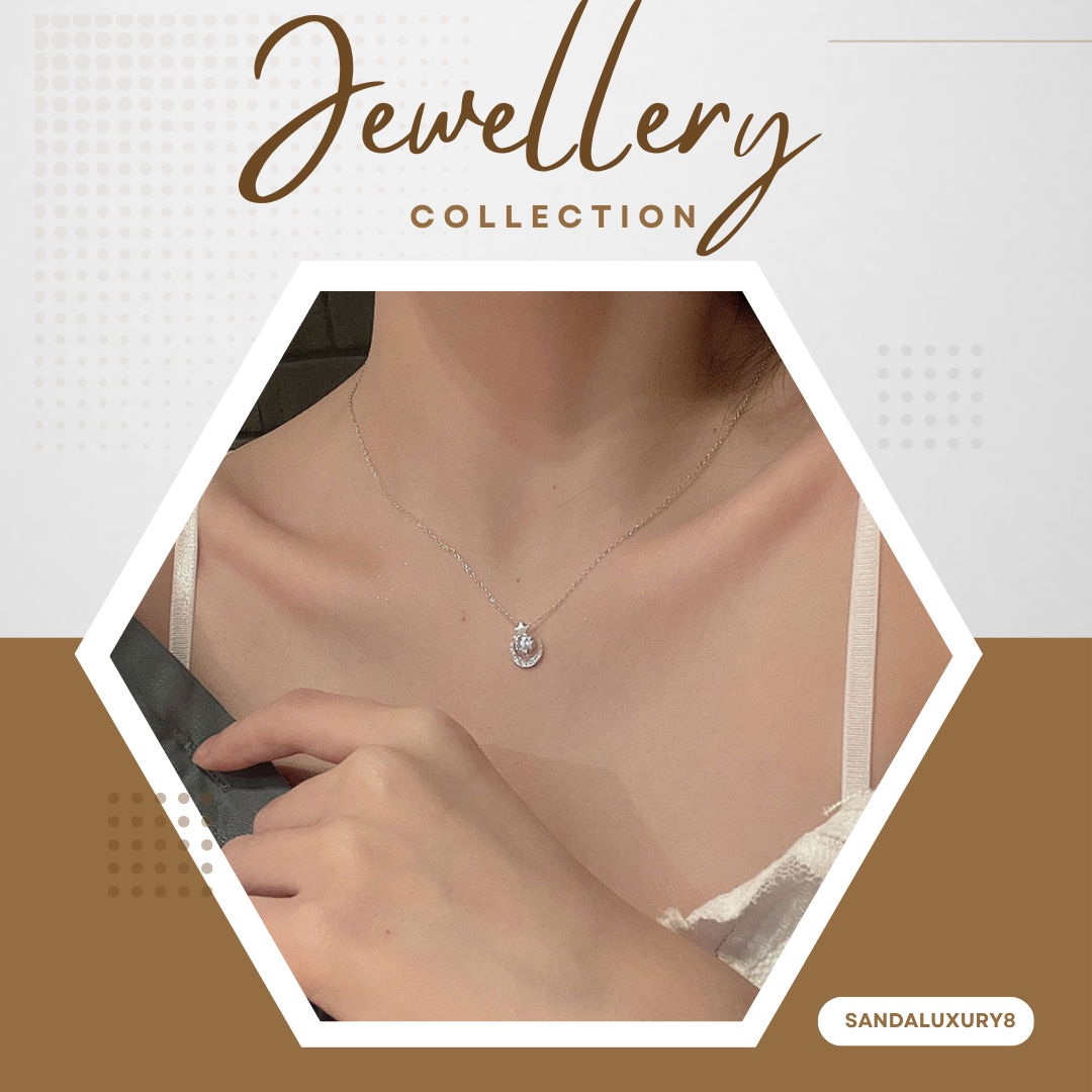 Elegant Moon and Star Cubic Zirconia Pendant Necklace 