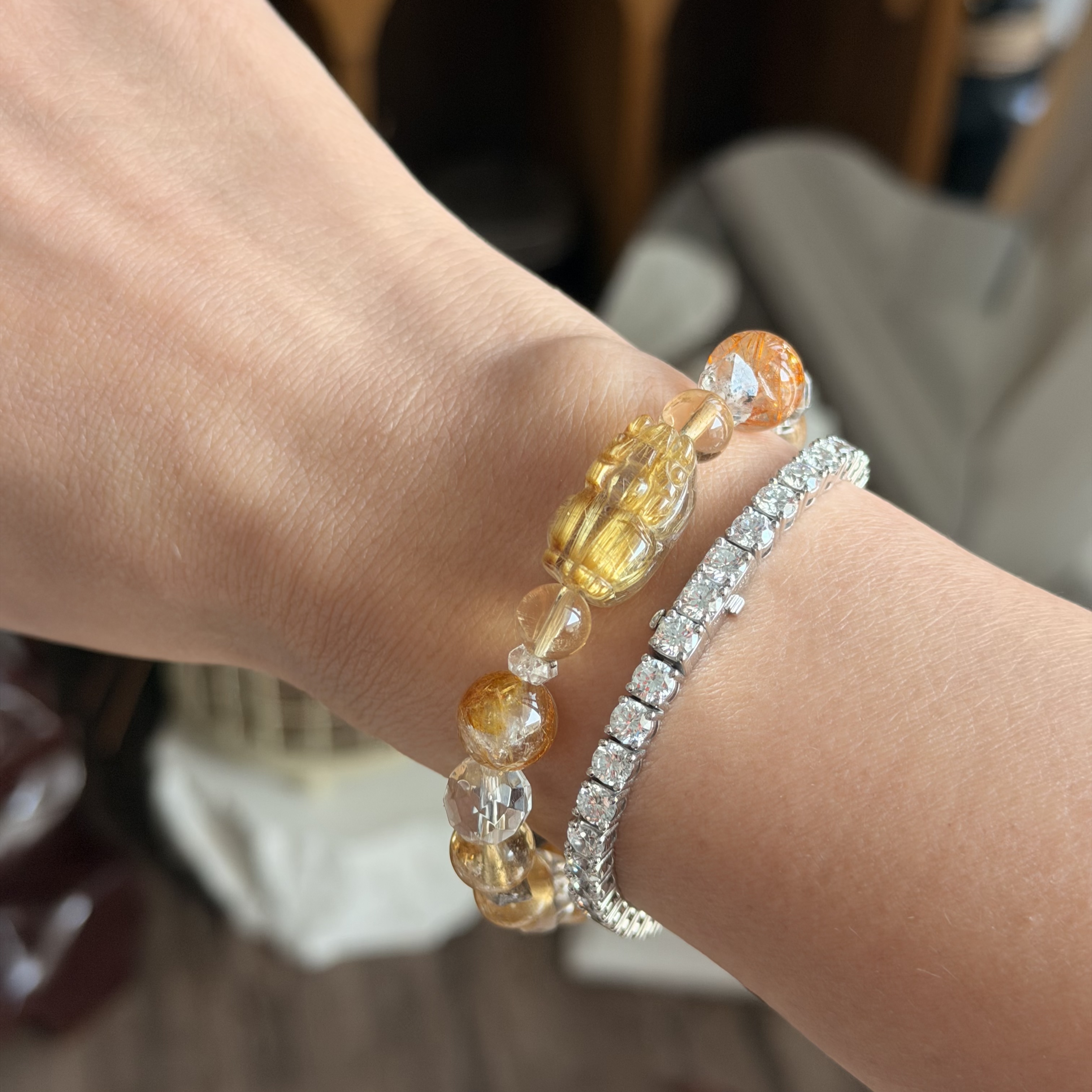  金鈦晶貔貅襯金鈦晶、黃水晶、白水晶閃靈鑽手串