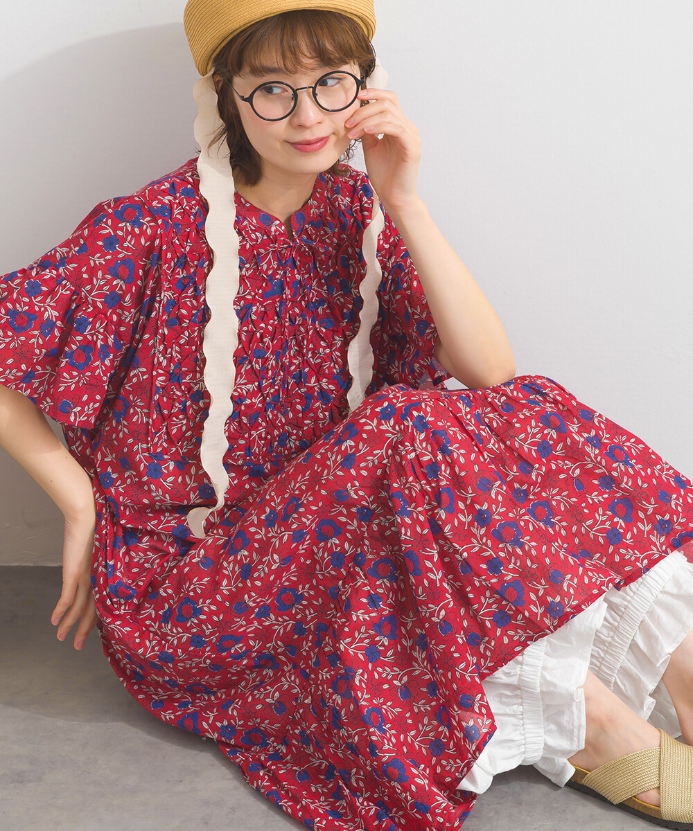 LP - 印度棉復古花卉連身裙 (紅色)