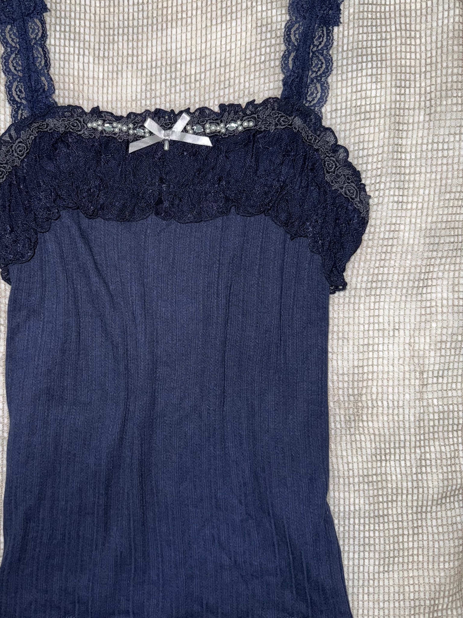 Axes Navy Blue Ribbed Tank with Pearl-Detail Lace