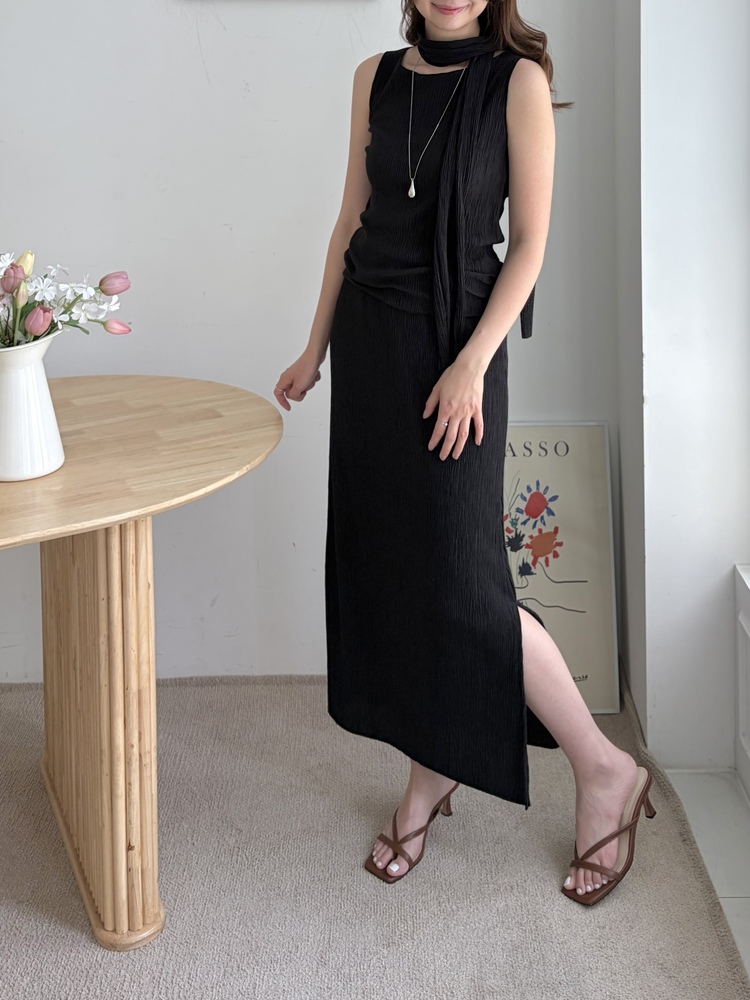 Summer Pleated Scarf Set (Black)