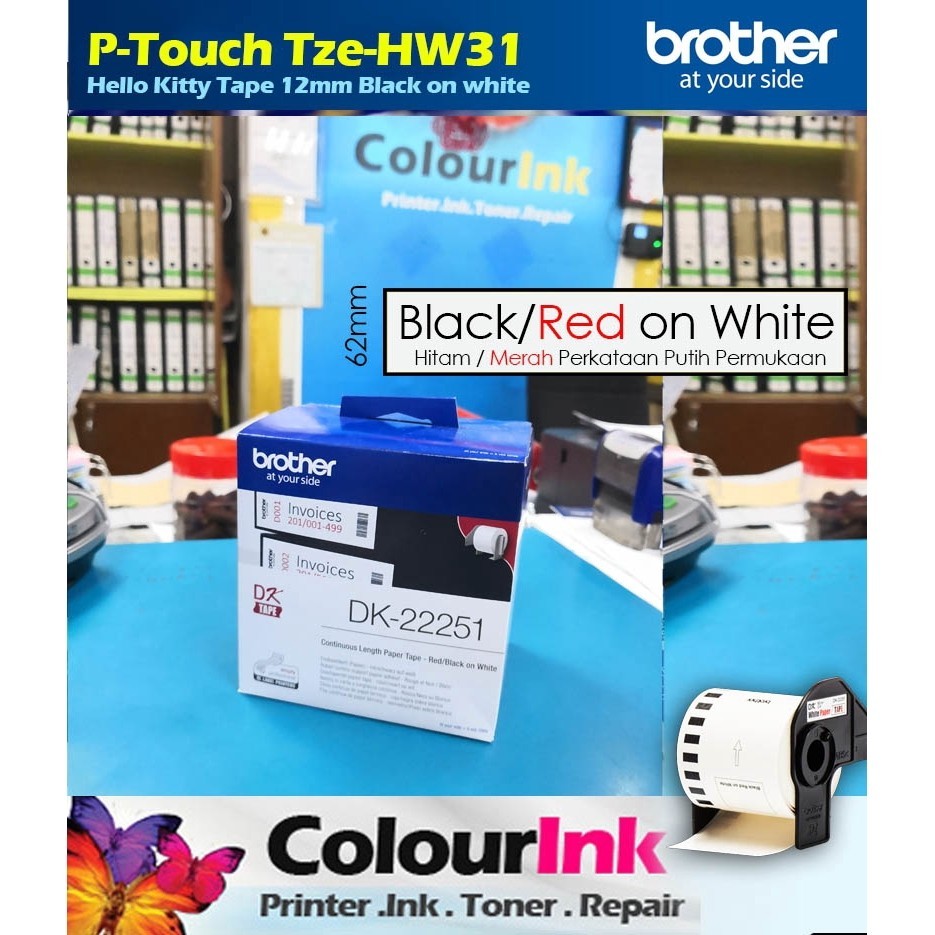 Brother Original Label Film Tape 62mm DK22251 Black & Red on White for QL800 QL820NWB