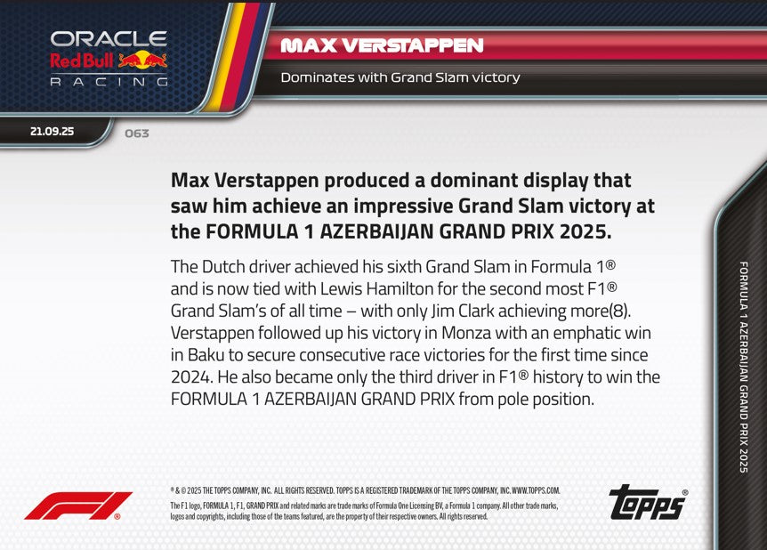 Max Verstappen - 2025 F1 Topps NOW® #63 Azerbaijan GP Grand Slam贏車卡｜PR 3,846