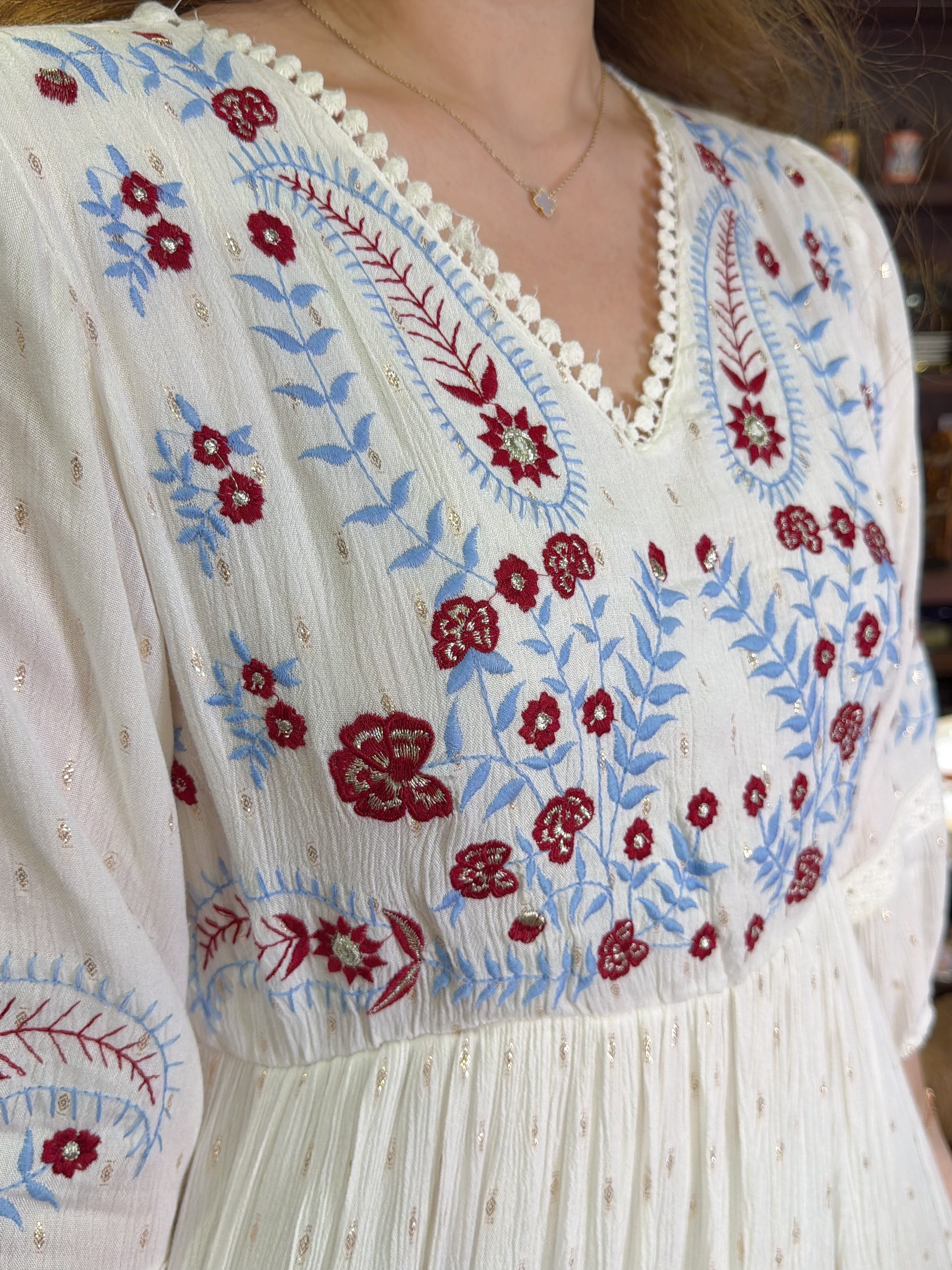 2113 Pure White V  Neck Floral Emb OP 53"