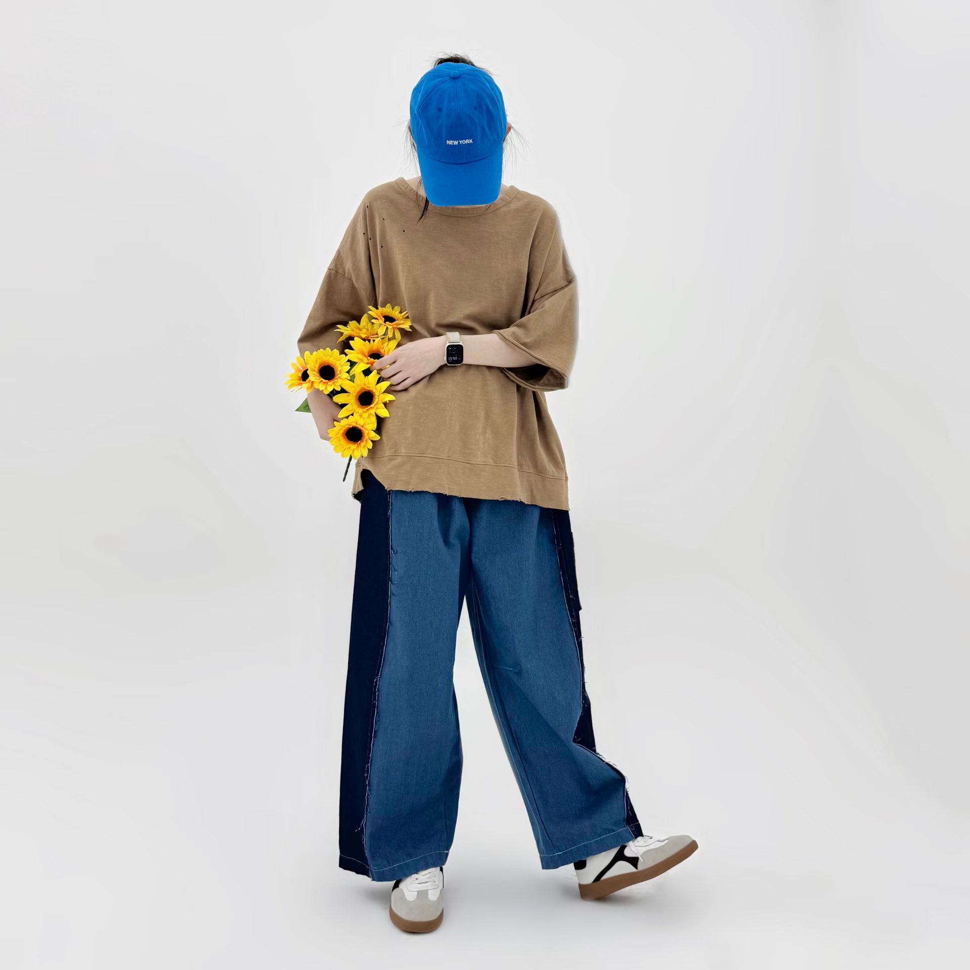 撞色拼接寬鬆牛仔褲