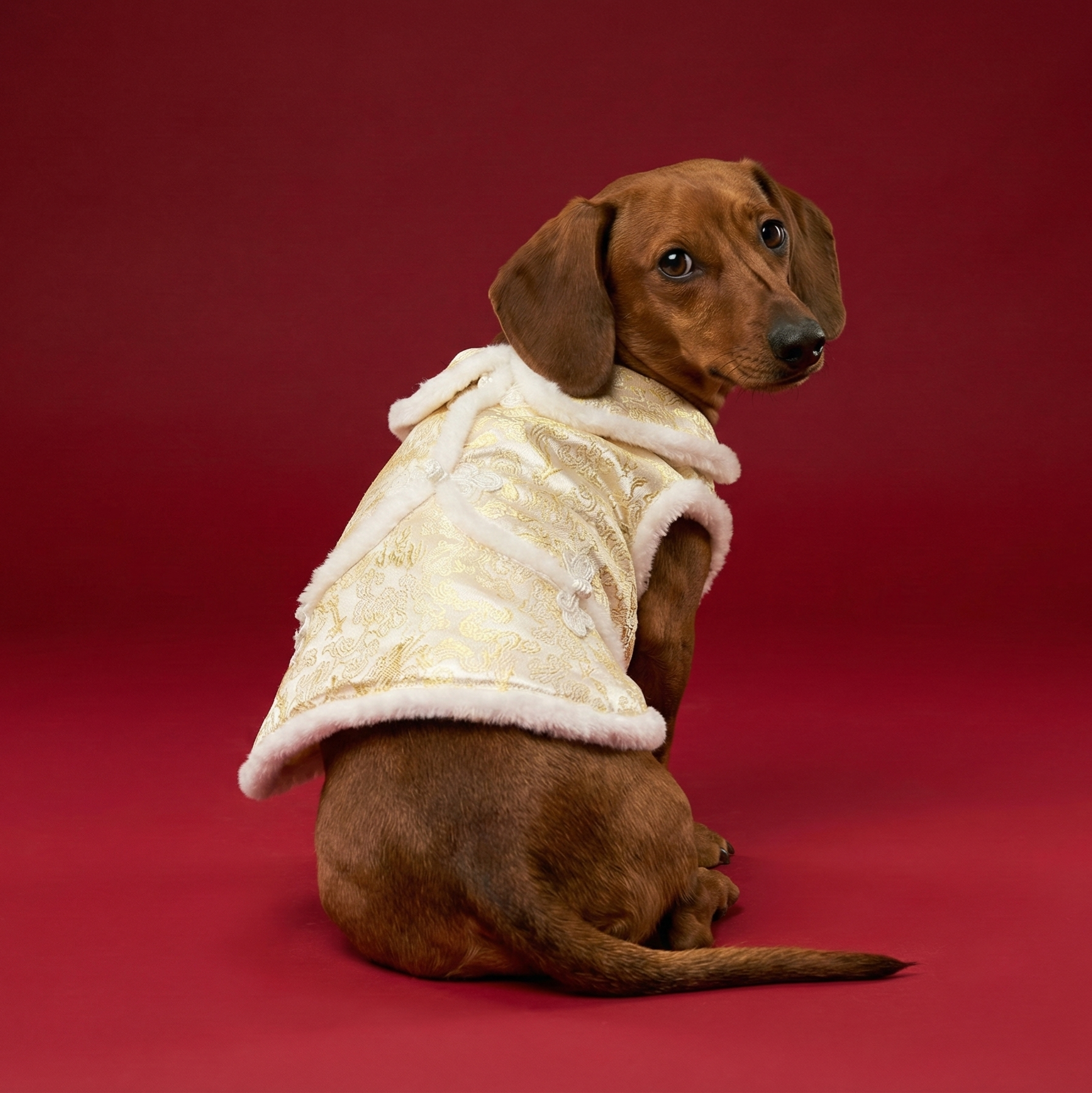 S484Y 白毛邊賀年裙- 金色 White fur edge New Year skirt-gold