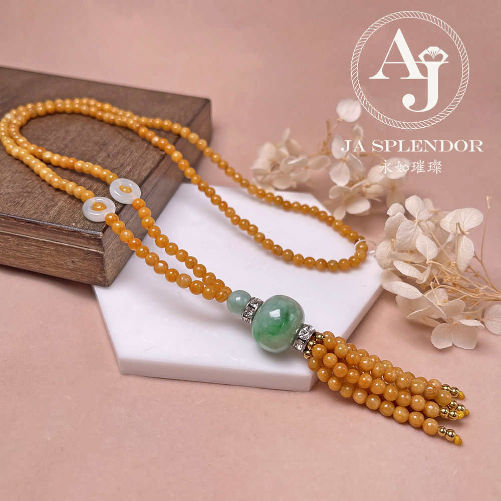 JN-H40-261 天然翡翠A玉 華麗黃翡配綠珠串串金項鏈