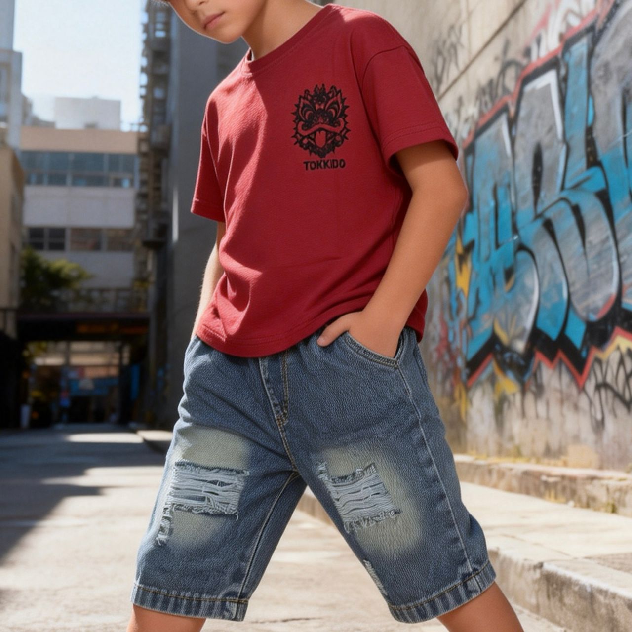 481728 | Boy in Red T-shirt and Denim Shorts
