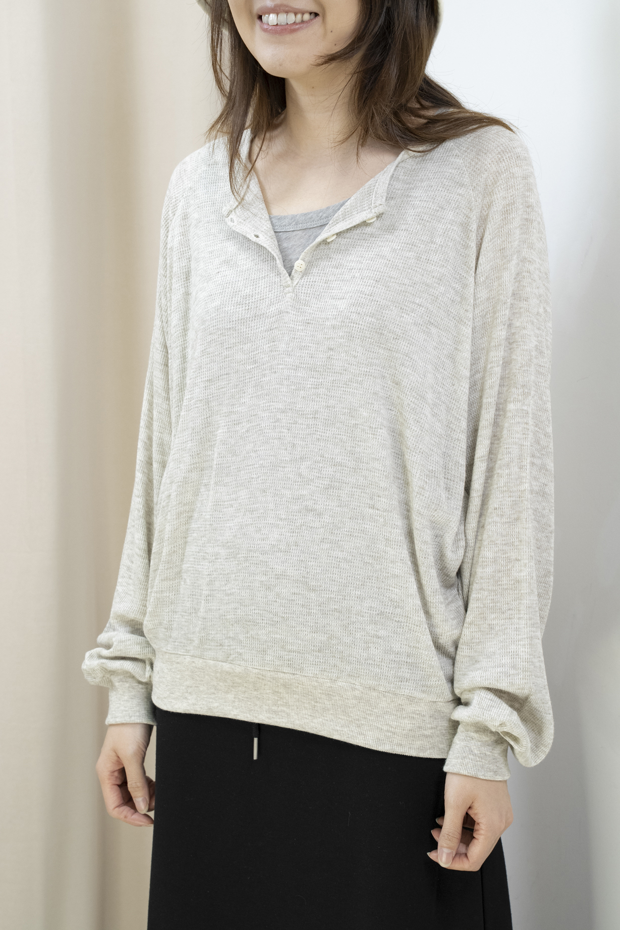 輕軟薄窩夫格紋半開胸上衣（燕麥色）