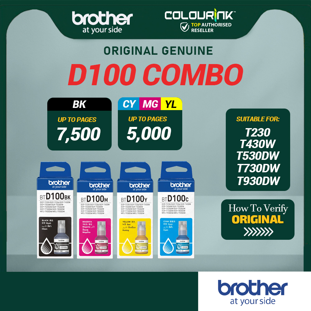 Brother Original D100 Black Cyan Magenta Yellow Refill Ink Bottle for T230 T430W T530DW T730DW T930DW