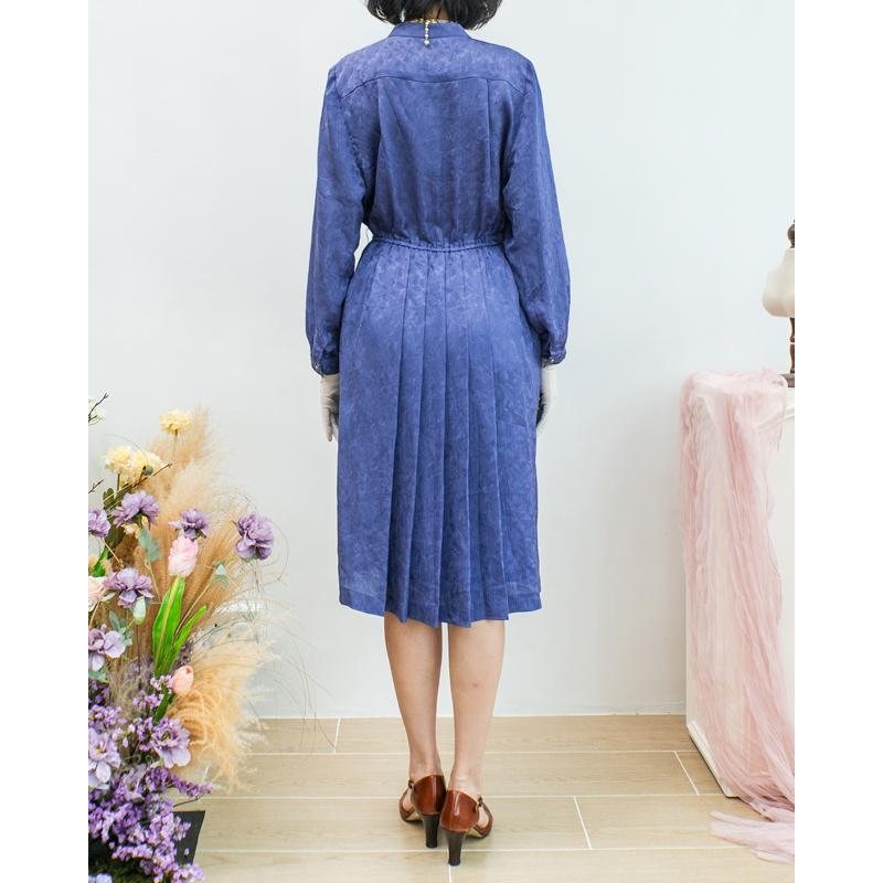 Vintage Purplish Blue Subtle Pattern Diamond Gathered Detail Elegant Day & Night Dress (MT1608-81)