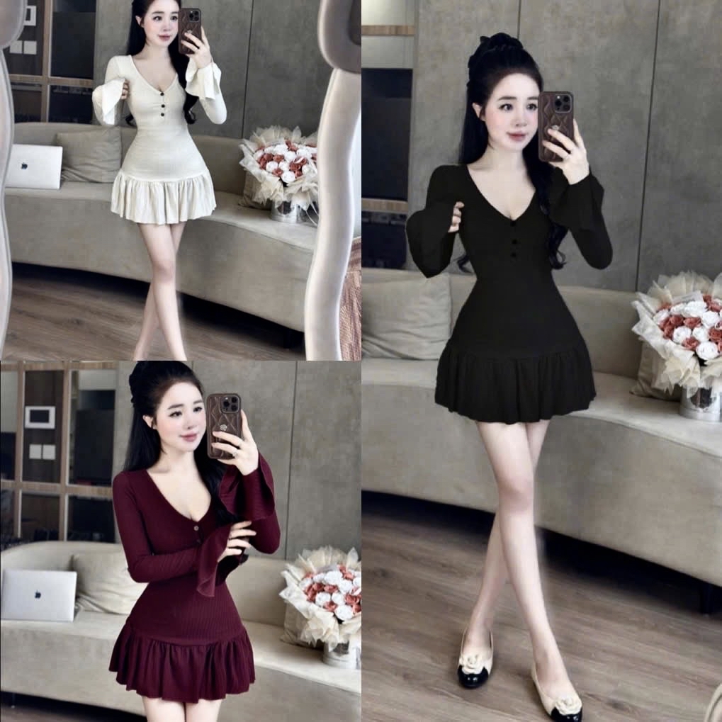 V 領荷葉邊長袖迷你連身裙