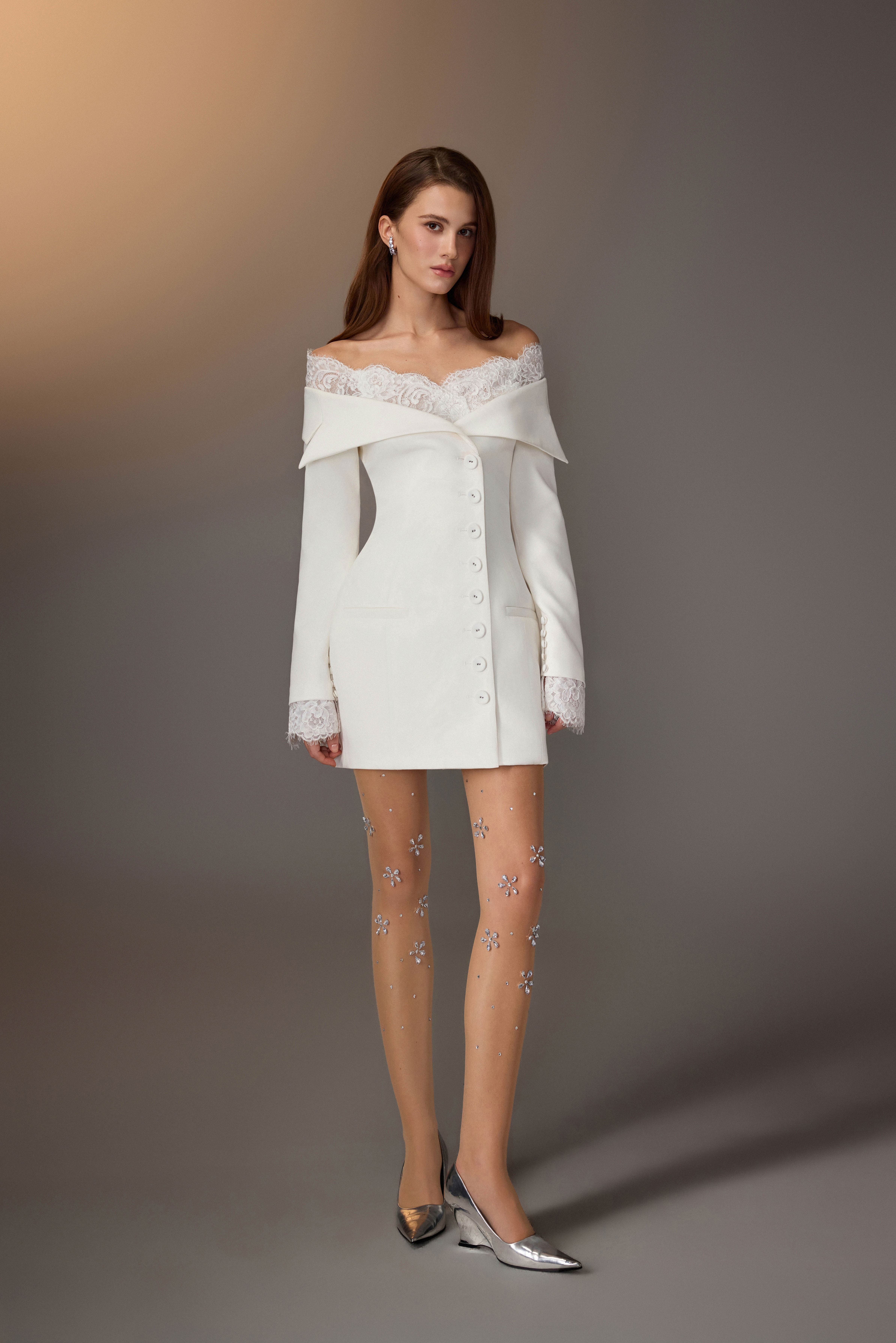 Ivory Lace Off Shoulder Blazer Dress