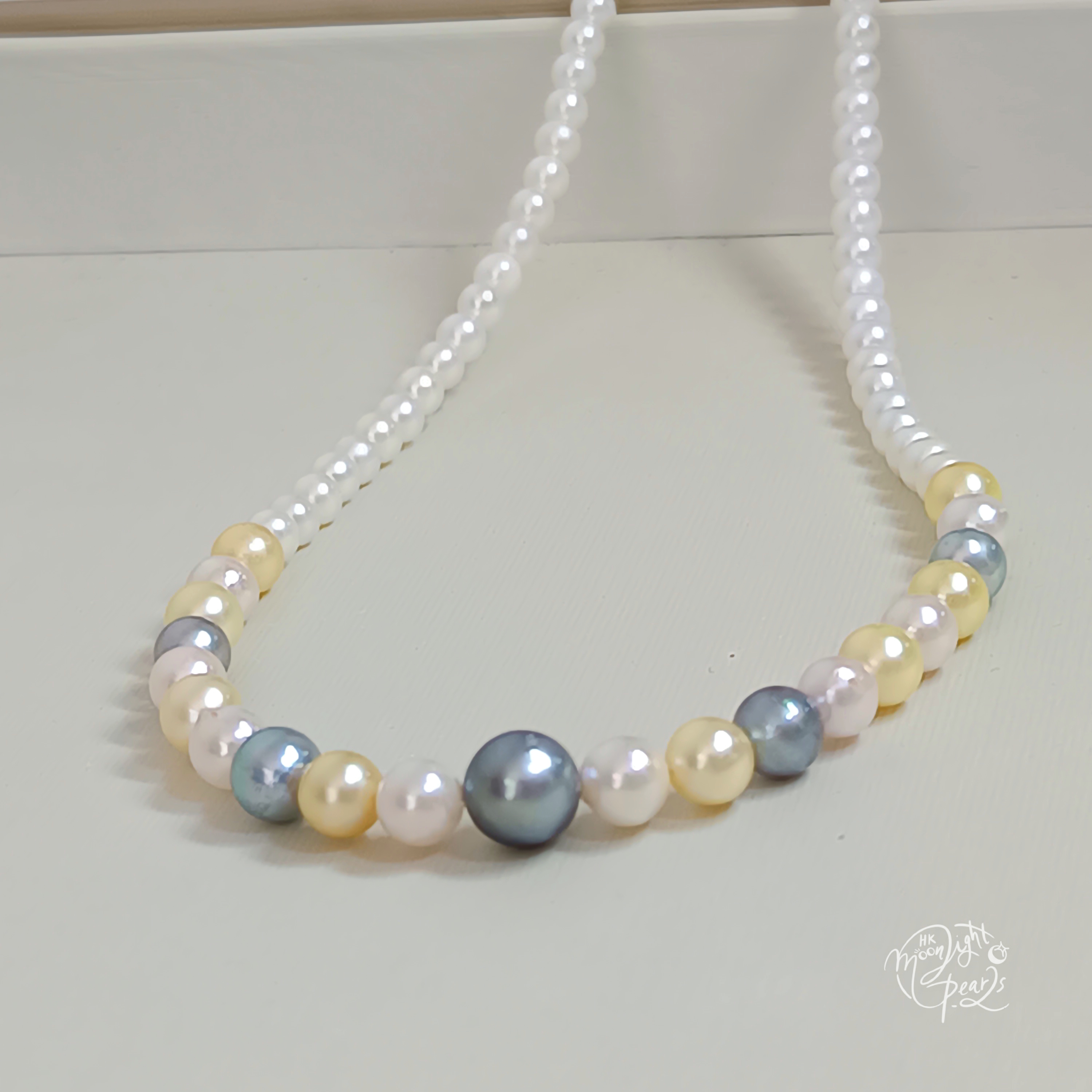 近正圓強光淡水Ak白細胞珍珠+日本akoya 糖果色海水珍珠+大溪地珍珠925銀扣項鍊