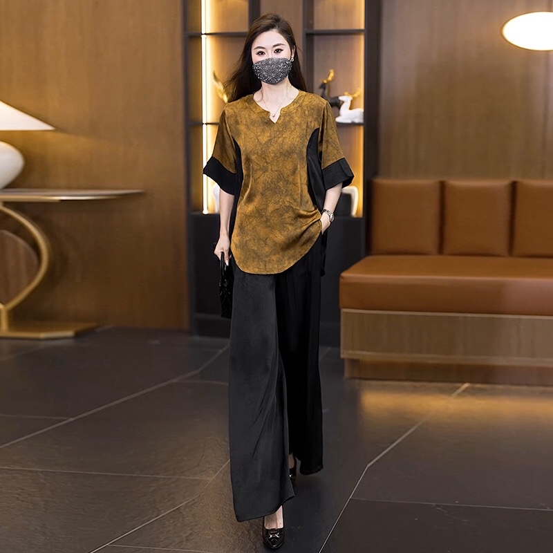 B207(2560) 新中式气质洋气国风染撞色卷边袖黄上衣与黑长裤套装