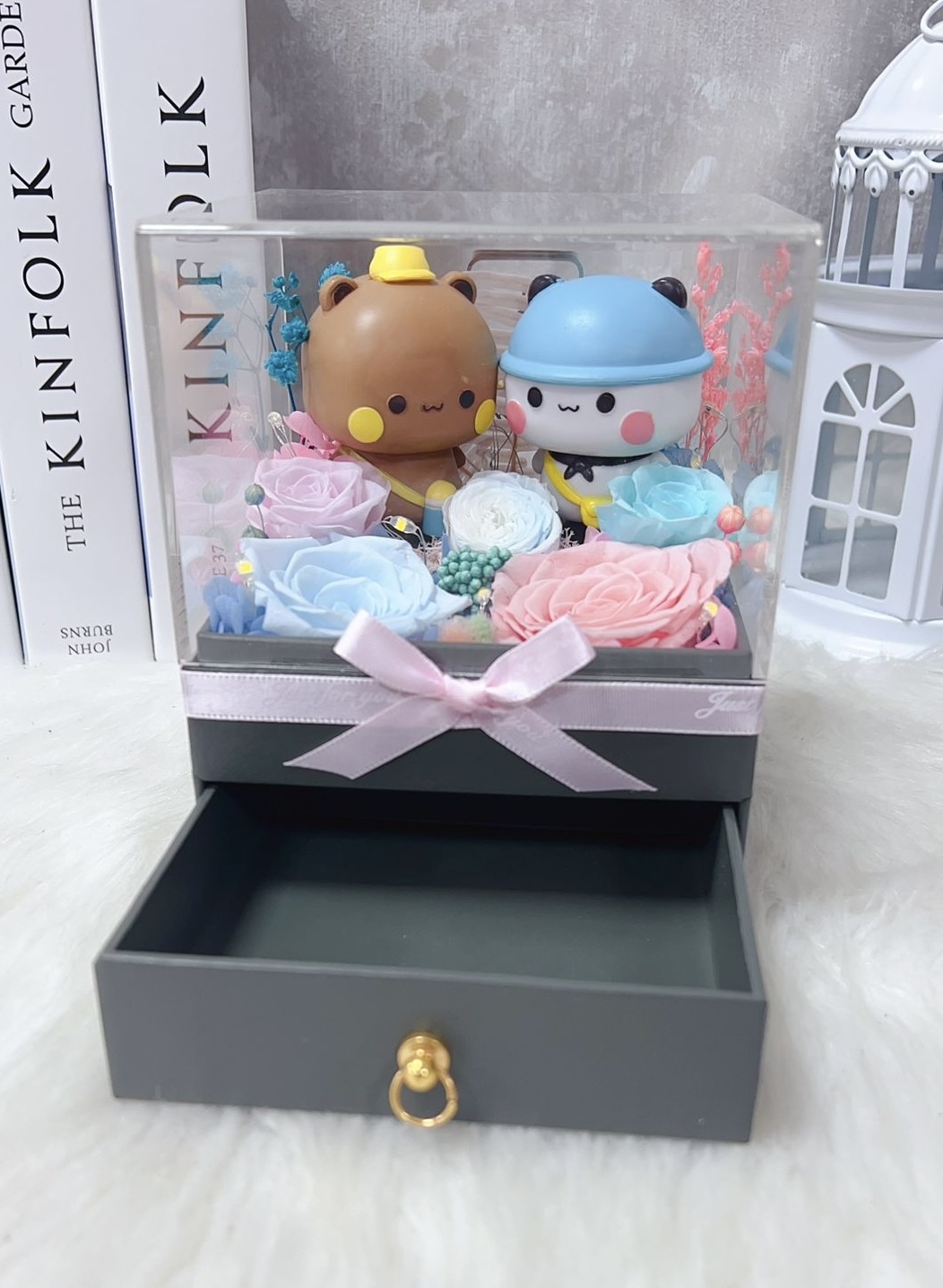 一二布布粉紅藍玫瑰永生花花盒