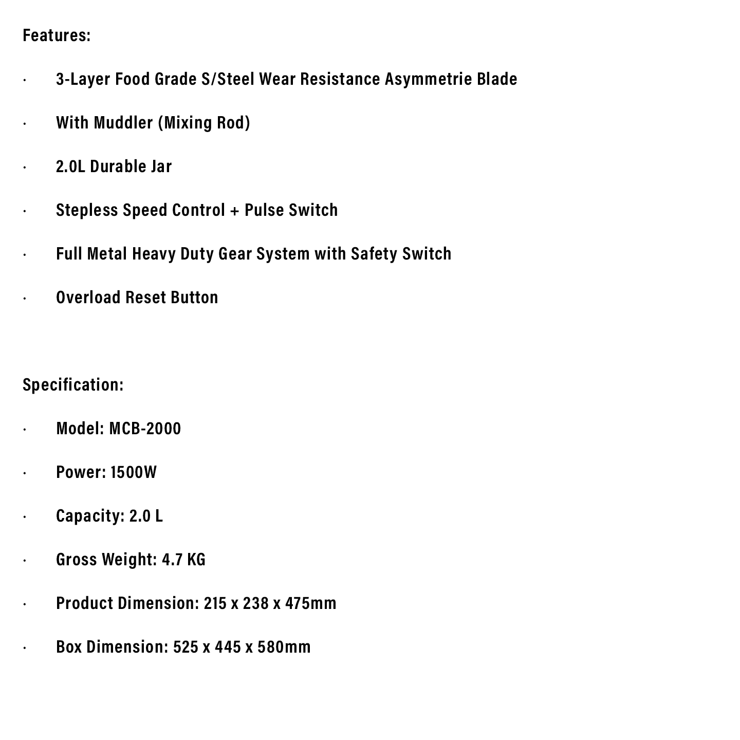 Milux 2.0L 1500W Heavy Duty Commercial Blender (MCB-2000)