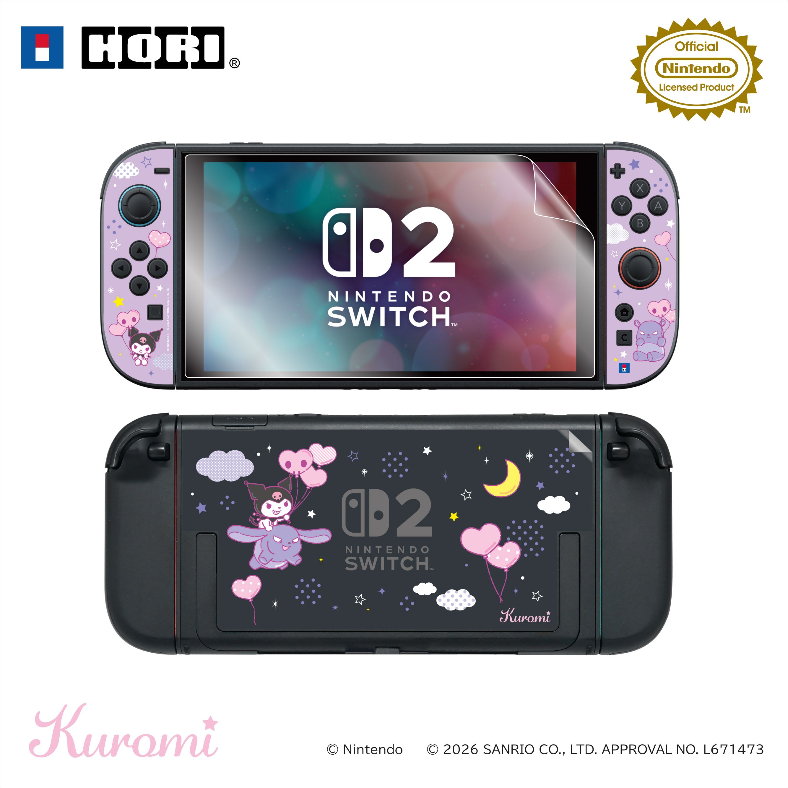 HORI NS2 保護膜+裝飾貼紙+毛絨螢幕擦套裝 三麗鷗系列 酷洛米 (NSX-237)        HORI NS2  Decoration Kit with Plush Toy Sanrio Series Kuromi (NSX-237)
