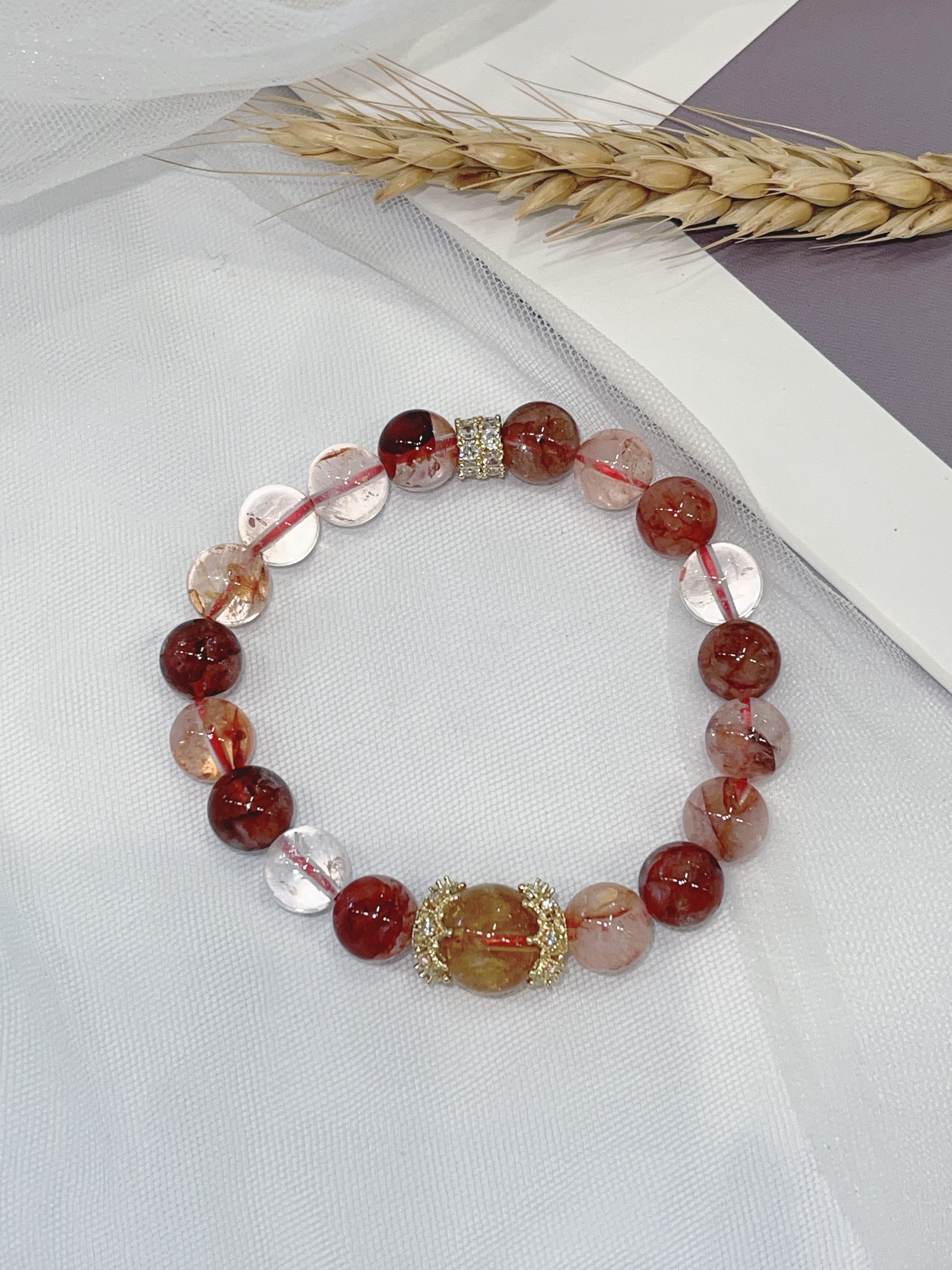 🌸 红胶花 × 黄塔晶手串 Red Agate & Citrine｜9.5mm