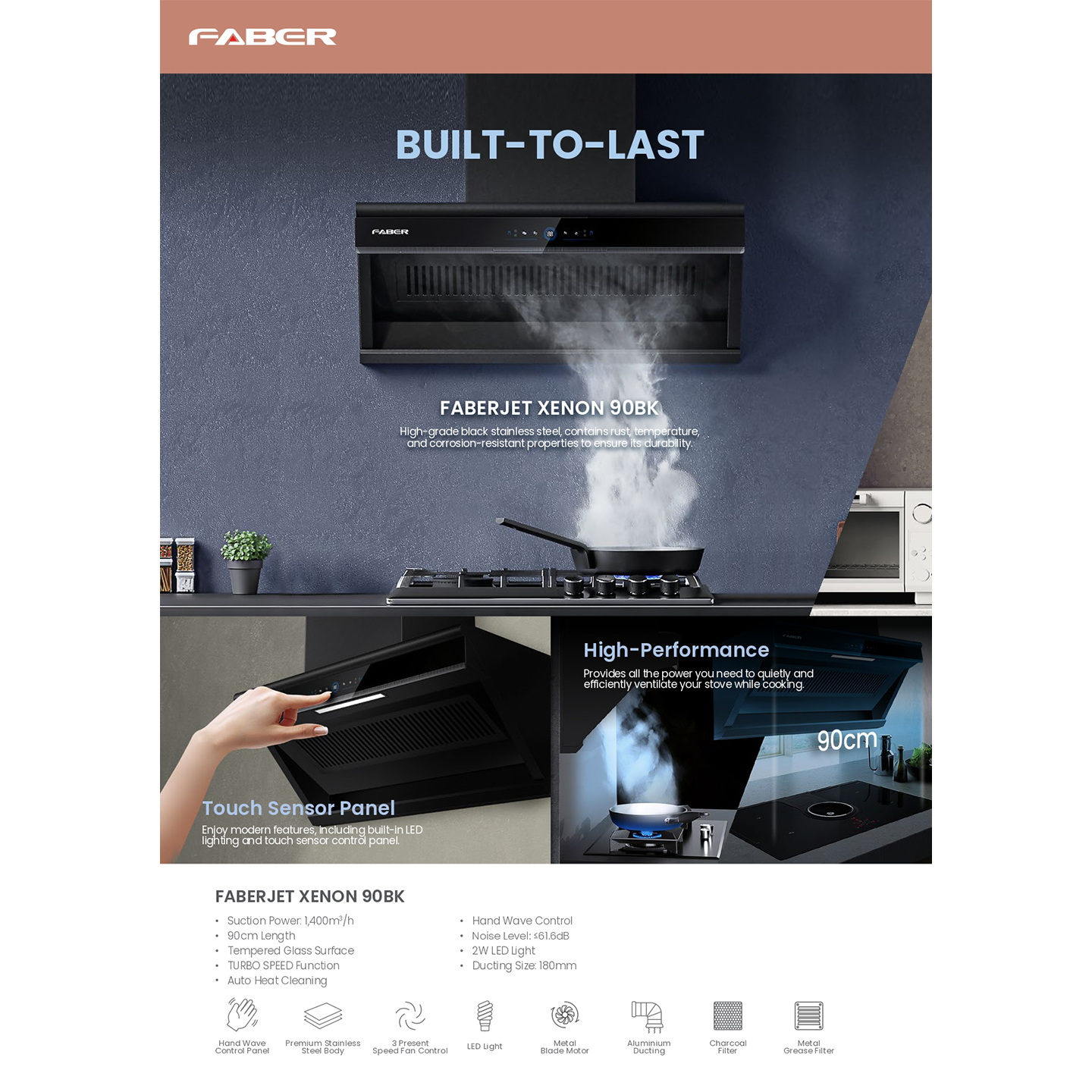 Faber 1600m/h Xenon Built-In Hood (XENON 90BK)