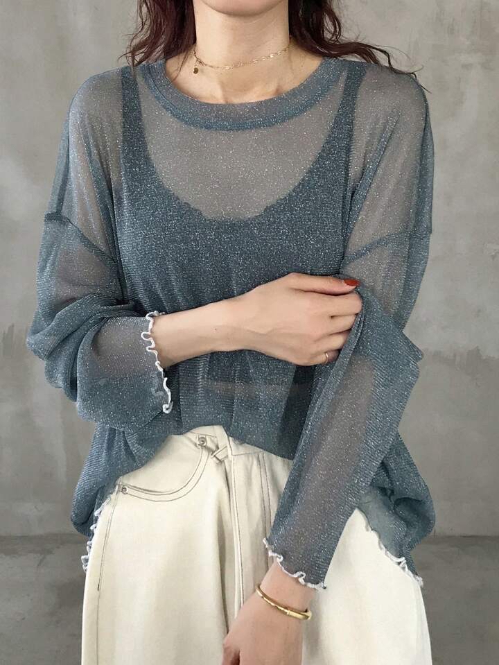 （多色）閃亮透視長袖上衣