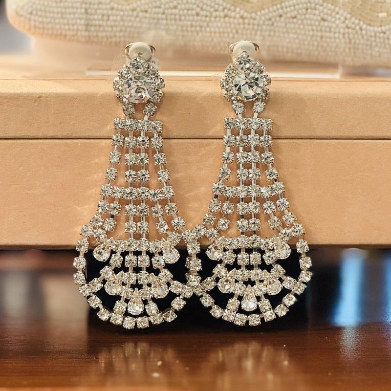 Czech Repulic Modern Reproduction Sparkling Chandelier Statement Clip Earrings(B045)