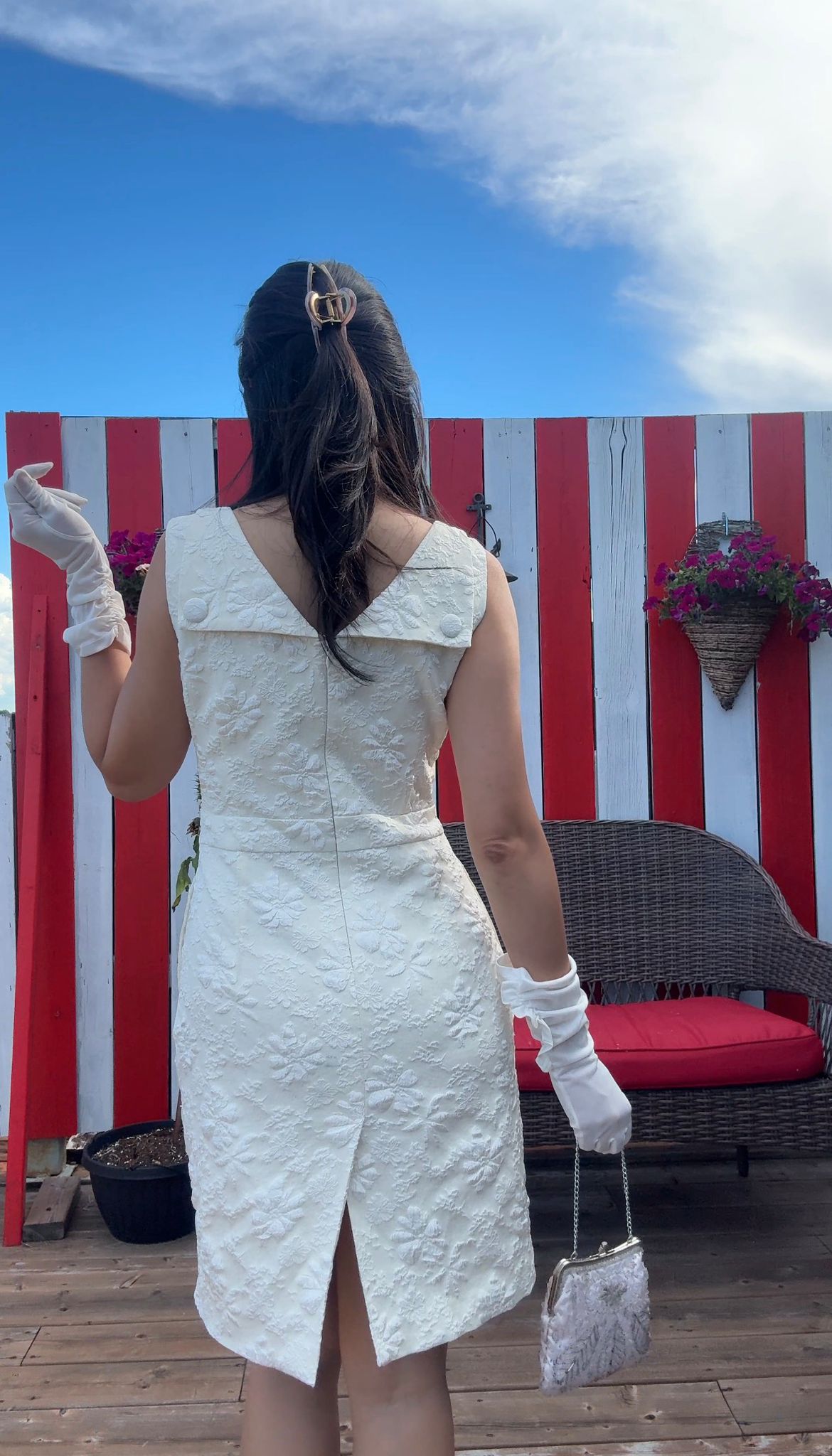 1960s Inspired Envelop-Back Cream X White Floral Jacquard Dress (FM241)