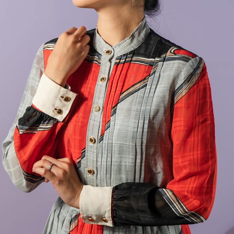 Vintage Japanese C.a. 1980s Contemporary Art Style Pattern Button up Day Dress (MT1608-133)