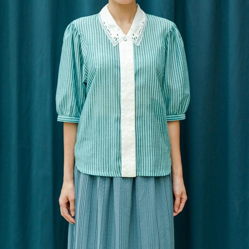 Vintage Embroidered Collar Turquoise Striped Blouse Shirt(MT1606-20)