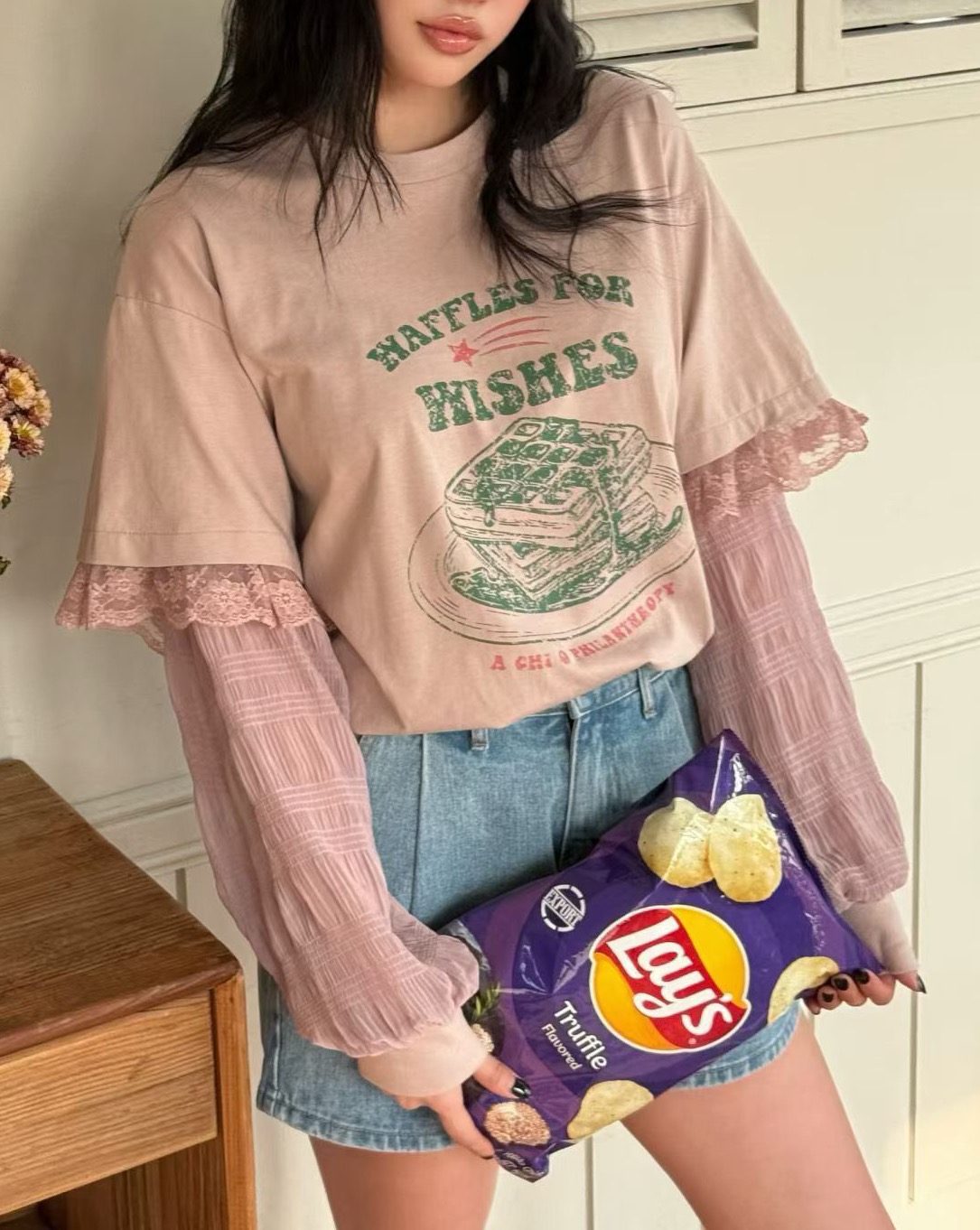 假2 件雪紡lace 袖Top