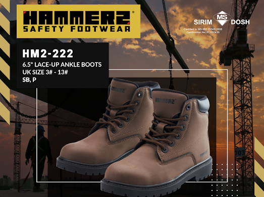 HAMMER 2 SAFETY FOOTWEAR HM2-222 6.5'' Lace-Up Ankle Boots METAL FREE SIRIM and DOSH Approved Shoes Kasut Kasut Keselamatan