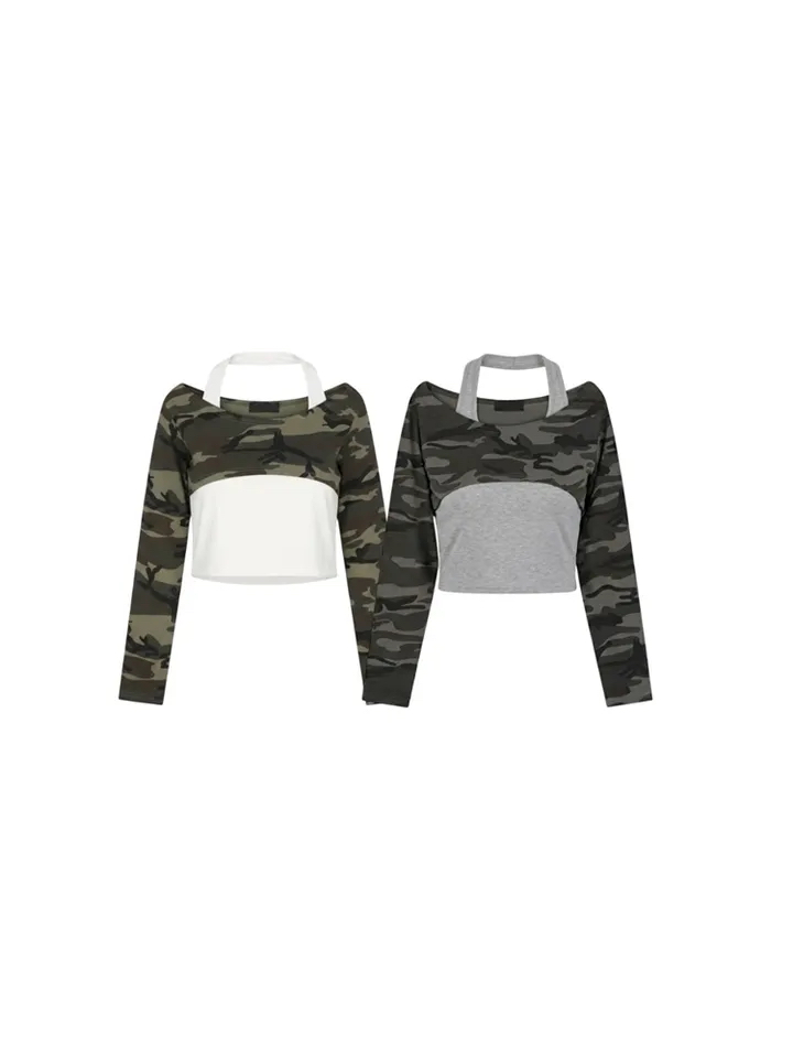 Camo Halterneck Layered Crop