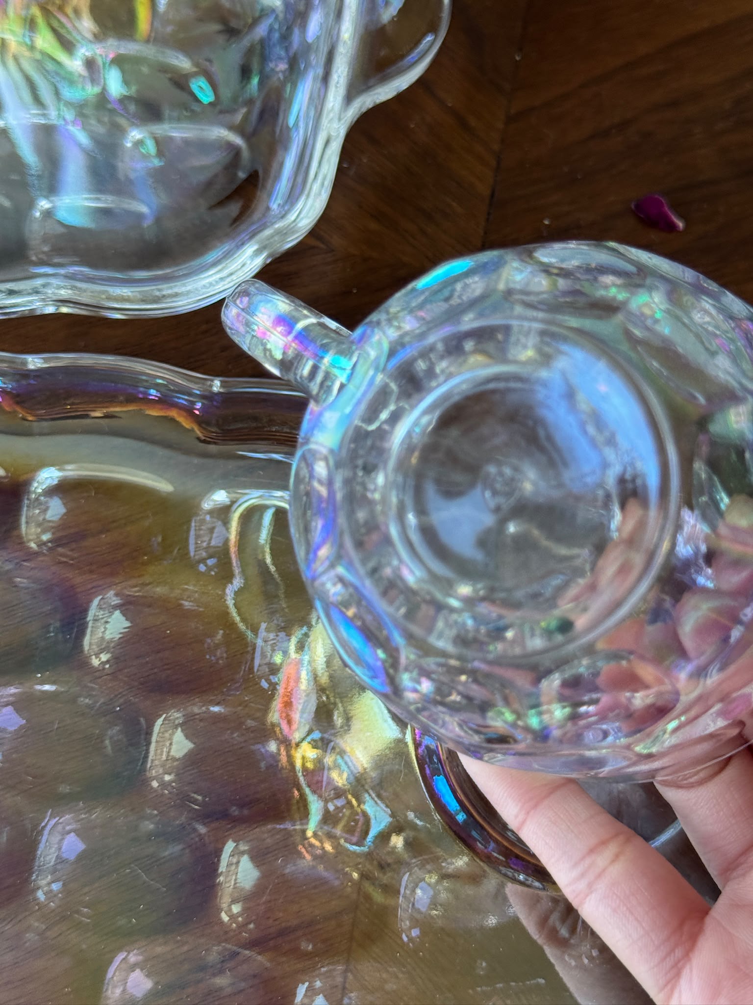 Vintage C.a. 1960s USA Federal Glass Yorktown “Thumbprint” Iridescent Snack Set -2 Sets  (MT2641)